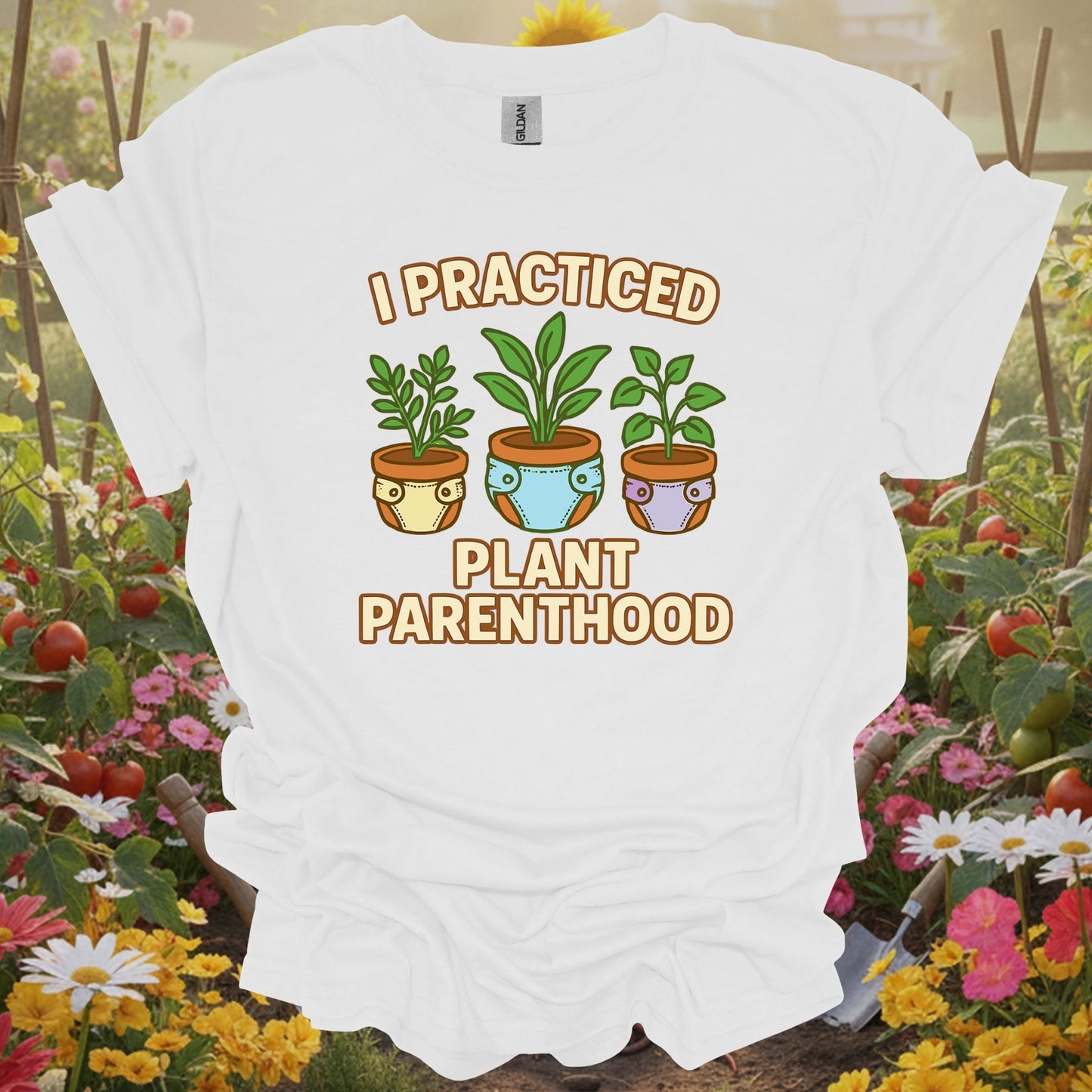 White tee showing i practiced plant parenthood funny retro for garden hobbyists