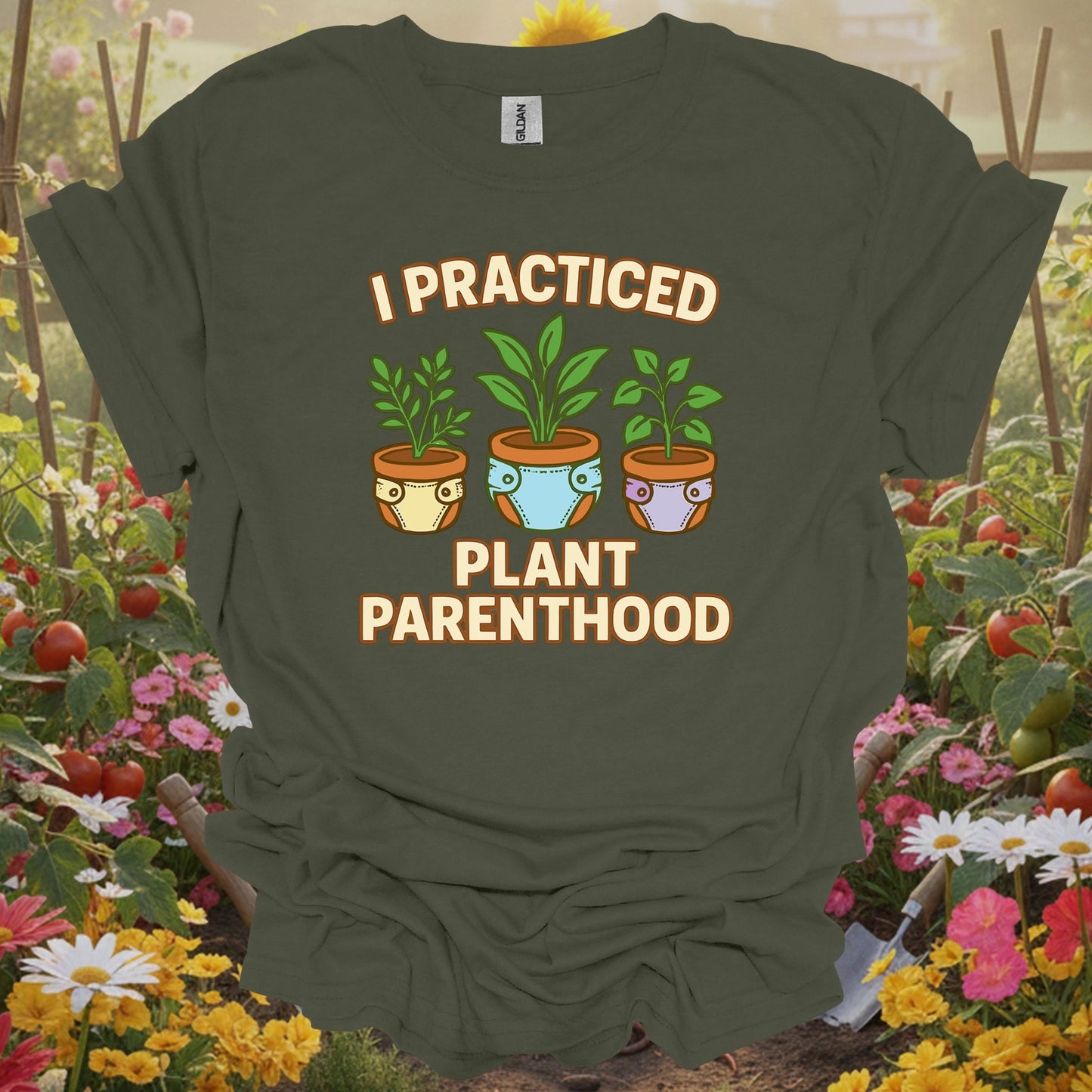 Military Green top showing i practiced plant parenthood funny retro for nature lovers
