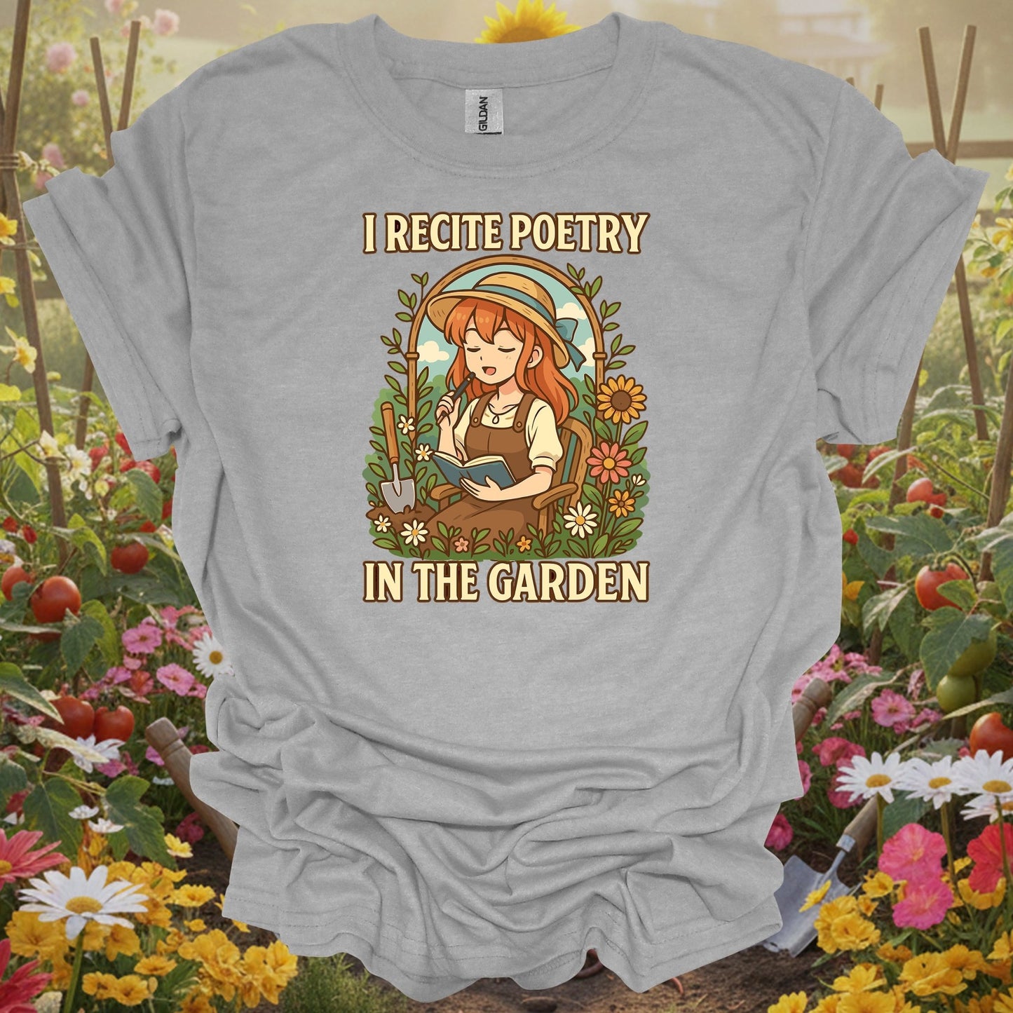 Sport Gray top showcasing a modern storybook style illustration of a girl reciting poetry for wildflower lovers