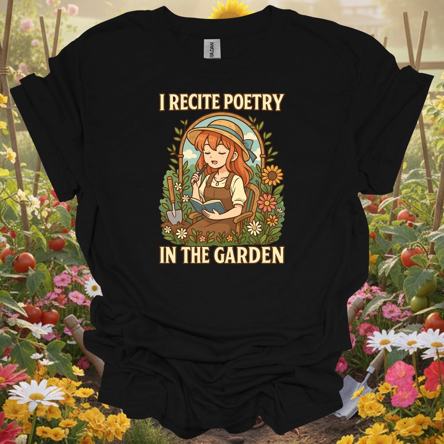 Black shirt featuring a detailed intentional cultivation theme with a lush sunflower arch for mindful growers