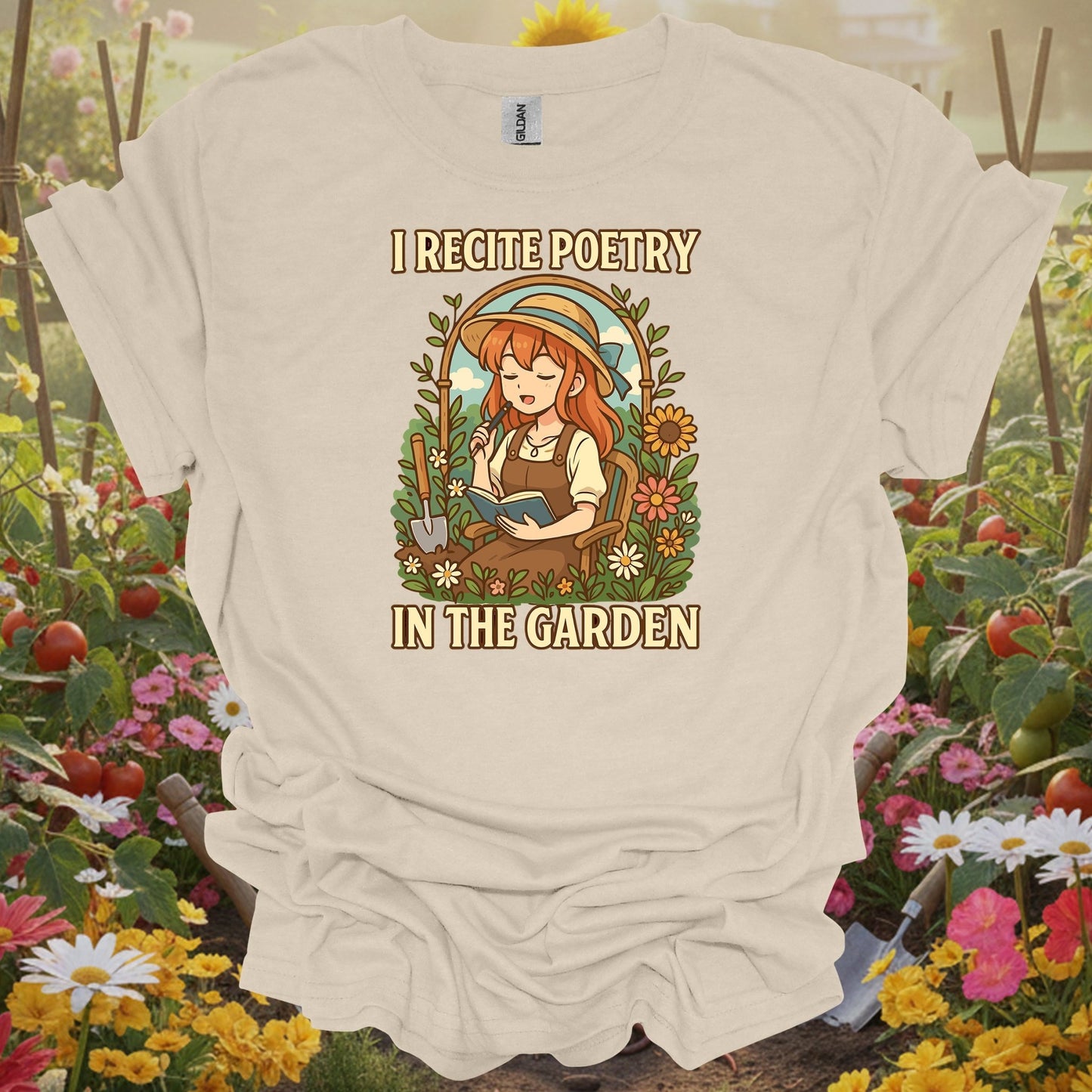 Natural top with an earthy vibe storybook art piece showing a girl in a blooming garden for hobby farmers
