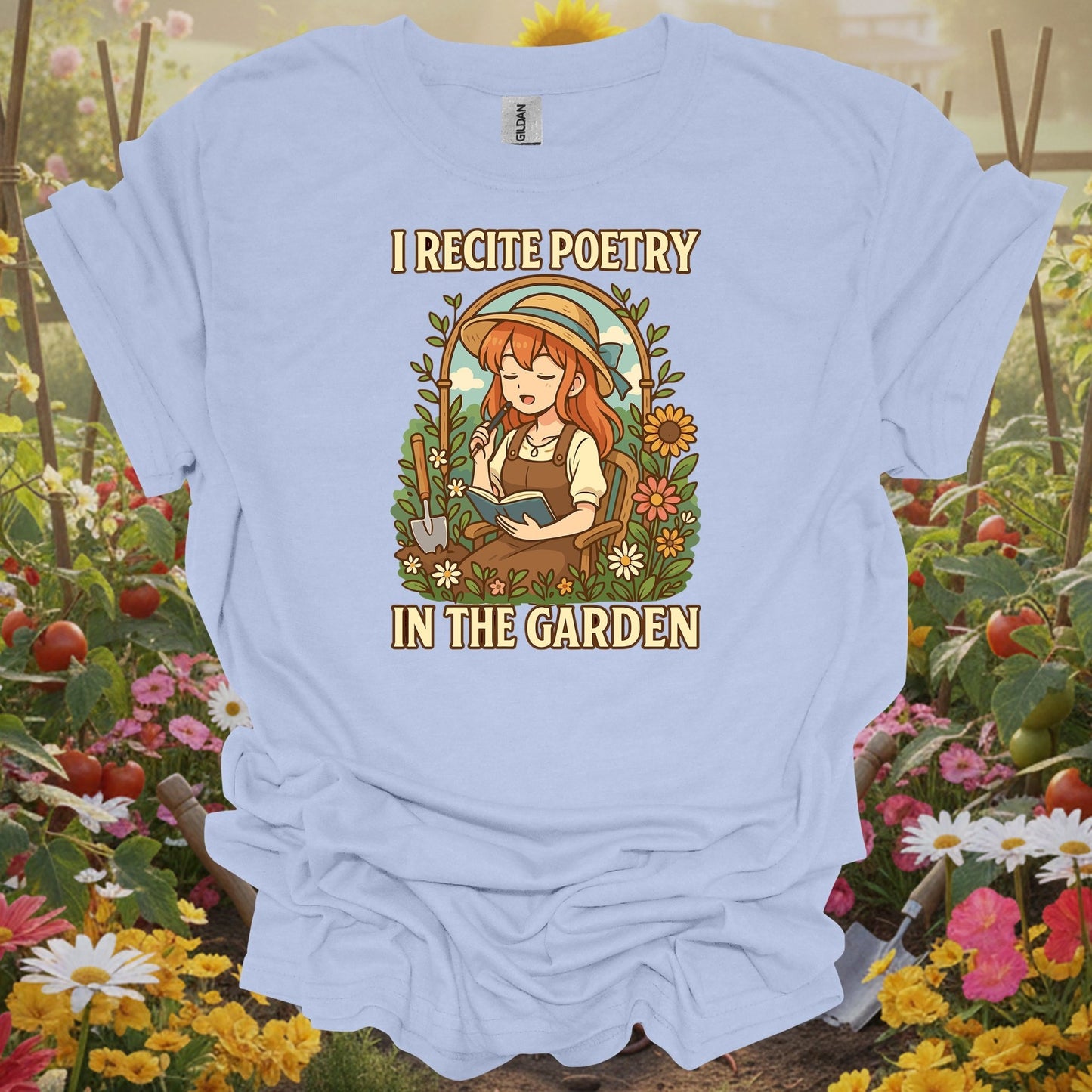 Light Blue tee with a vibrant nostalgic garden warmth illustration of a girl reading aloud for mindful growers