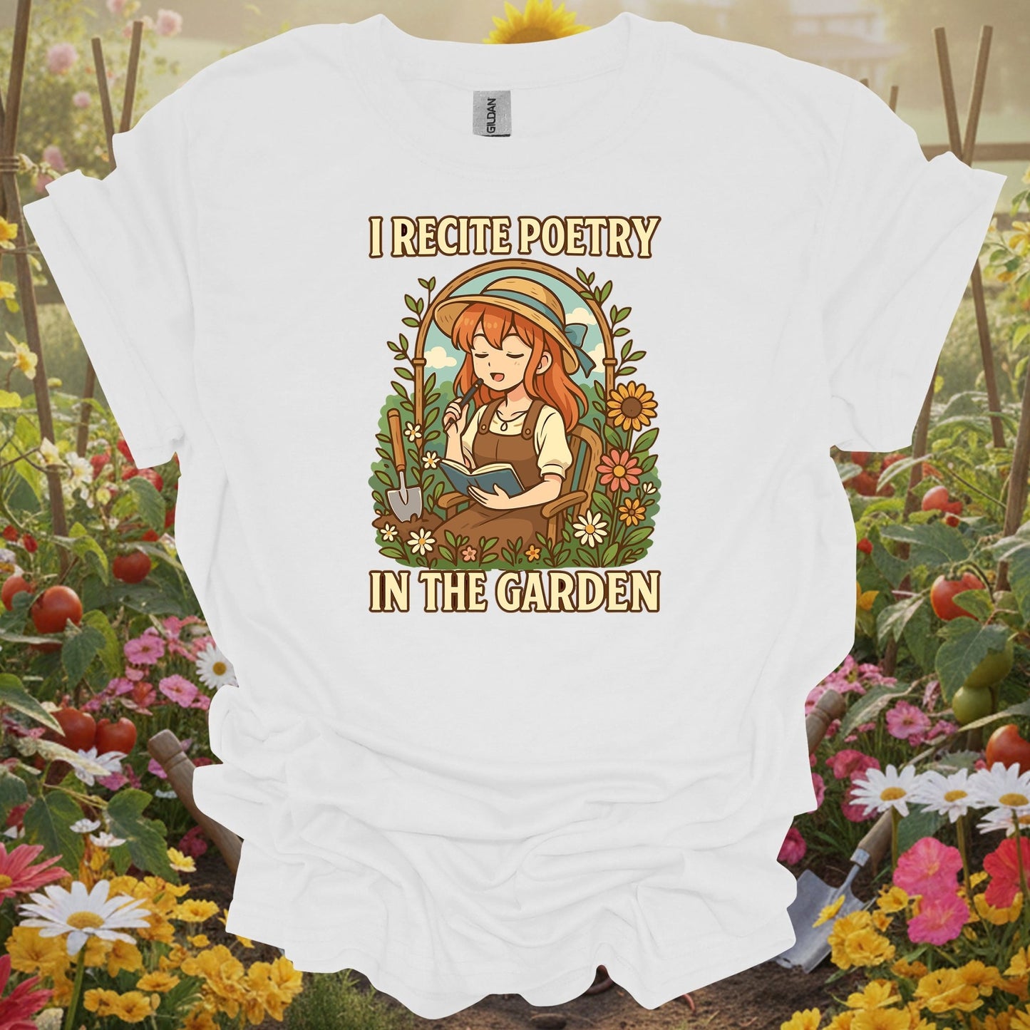 White tee with a playful narrative layout showing a girl reading in her garden sanctuary for book-loving gardeners