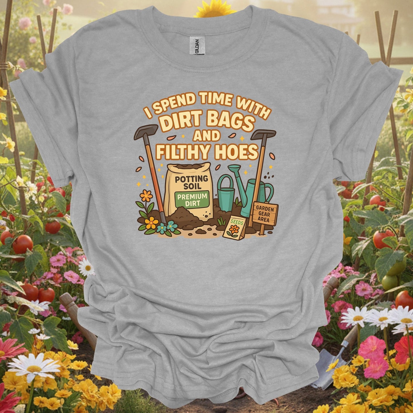 Sport Grey tshirt showing dirt bags and filthy hoes funny garden for gardening enthusiasts