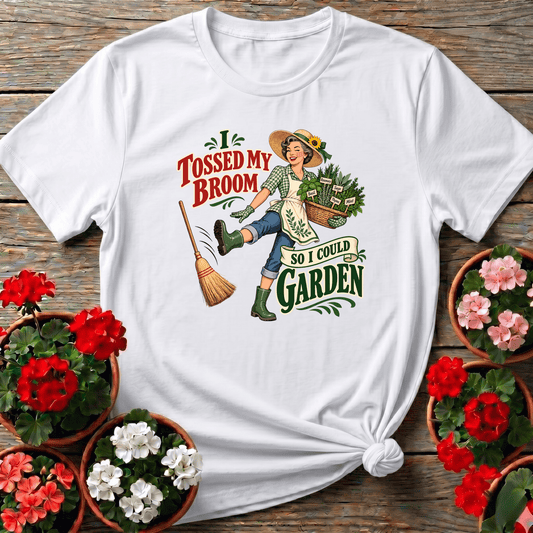 White mid-century cottagecore homemaker gardening shirt with herb basket design for women who garden