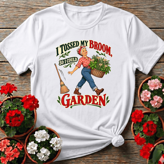 White retro cottage-americana herb garden shirt with broom-tossing illustration for women gardeners