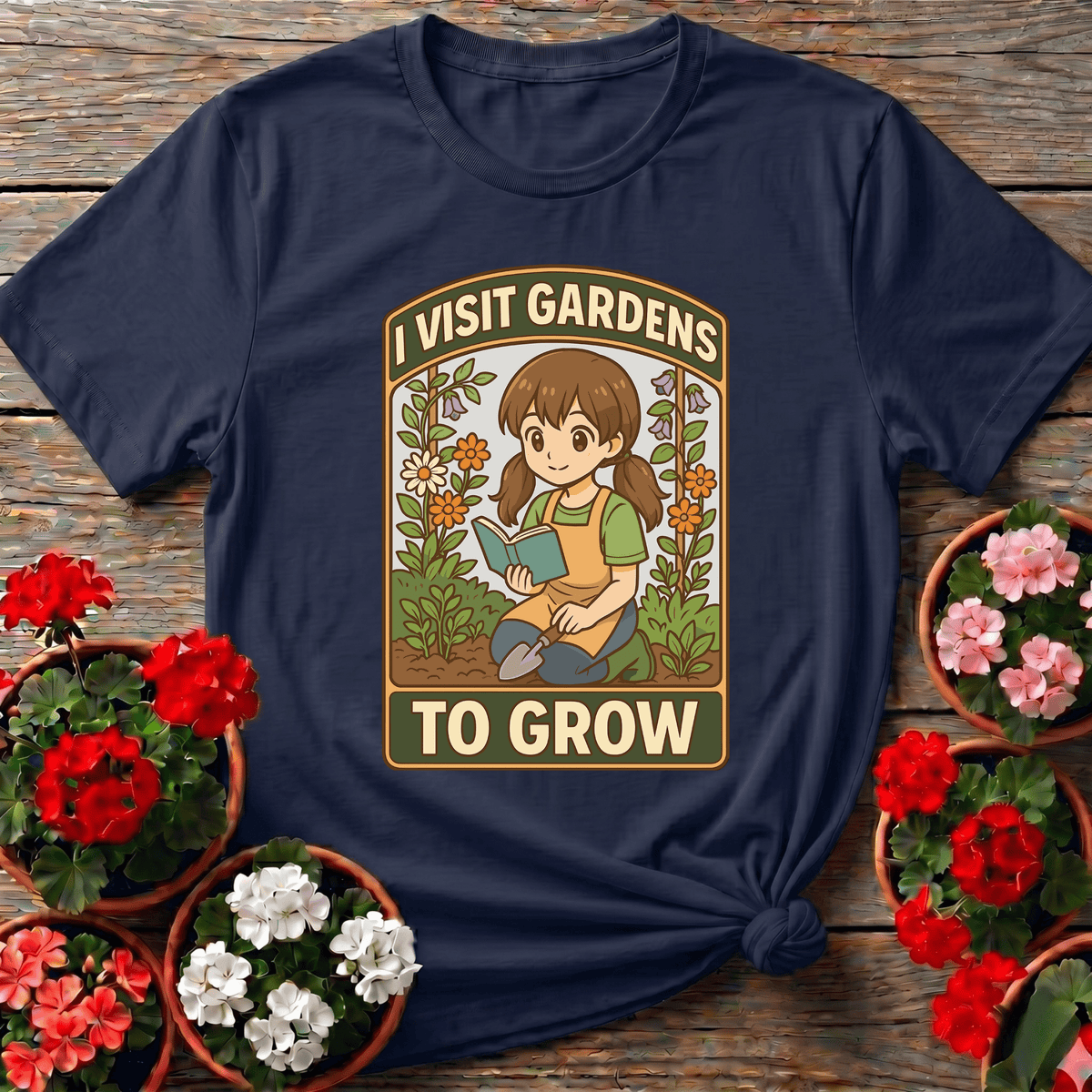Navy retro kawaii gardener girl t-shirt "I Visit Gardens To Grow" for women who visit gardens to grow