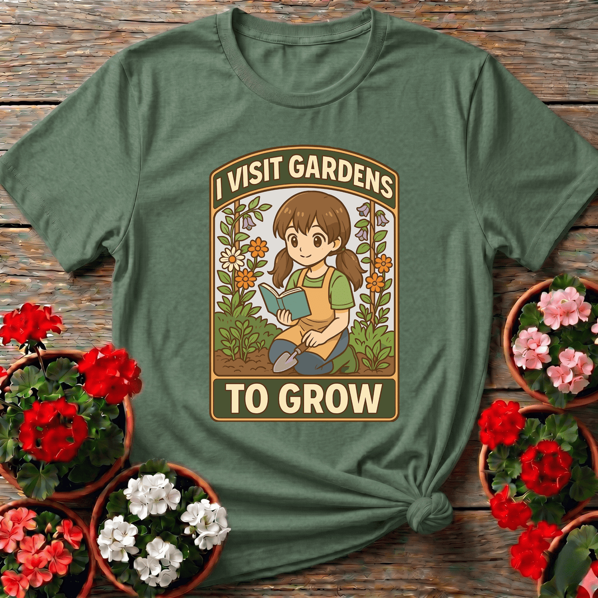Military Green earthy retro kawaii gardener tee "I Visit Gardens To Grow" for women who grow things slowly