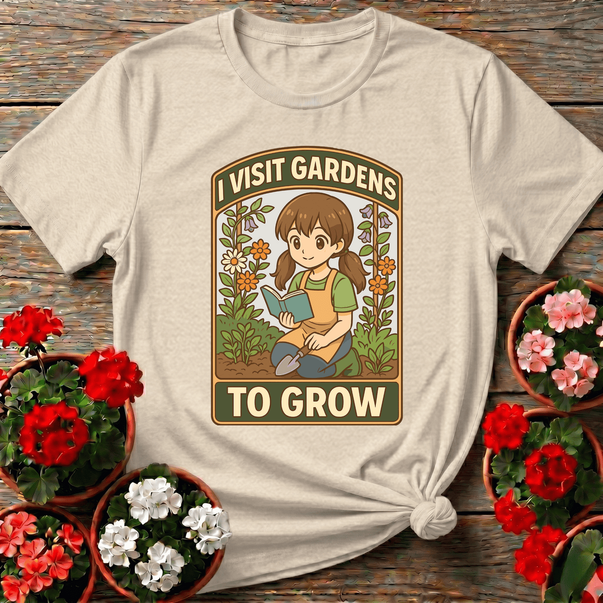 Natural vintage botanical badge gardening shirt "I Visit Gardens To Grow" for the woman who keeps showing up