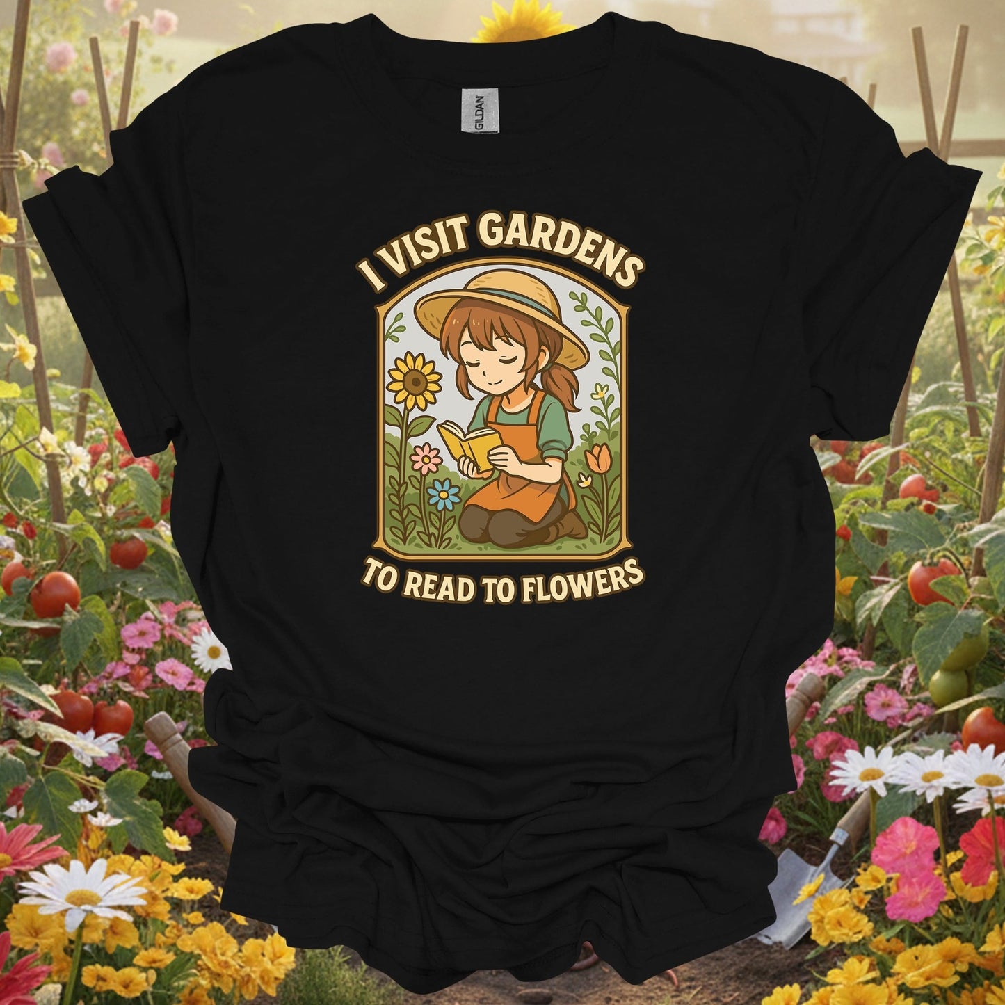 Black gardening shirt with lofi anime girl reading to flowers for book lovers, flower gardeners, lofi aesthetic fans