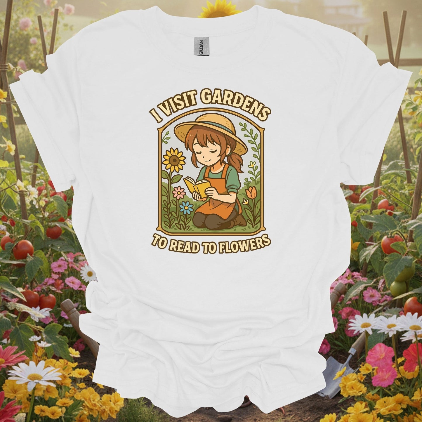 White gardening shirt with lofi anime girl reading to flowers for book lovers, flower gardeners, lofi aesthetic fans