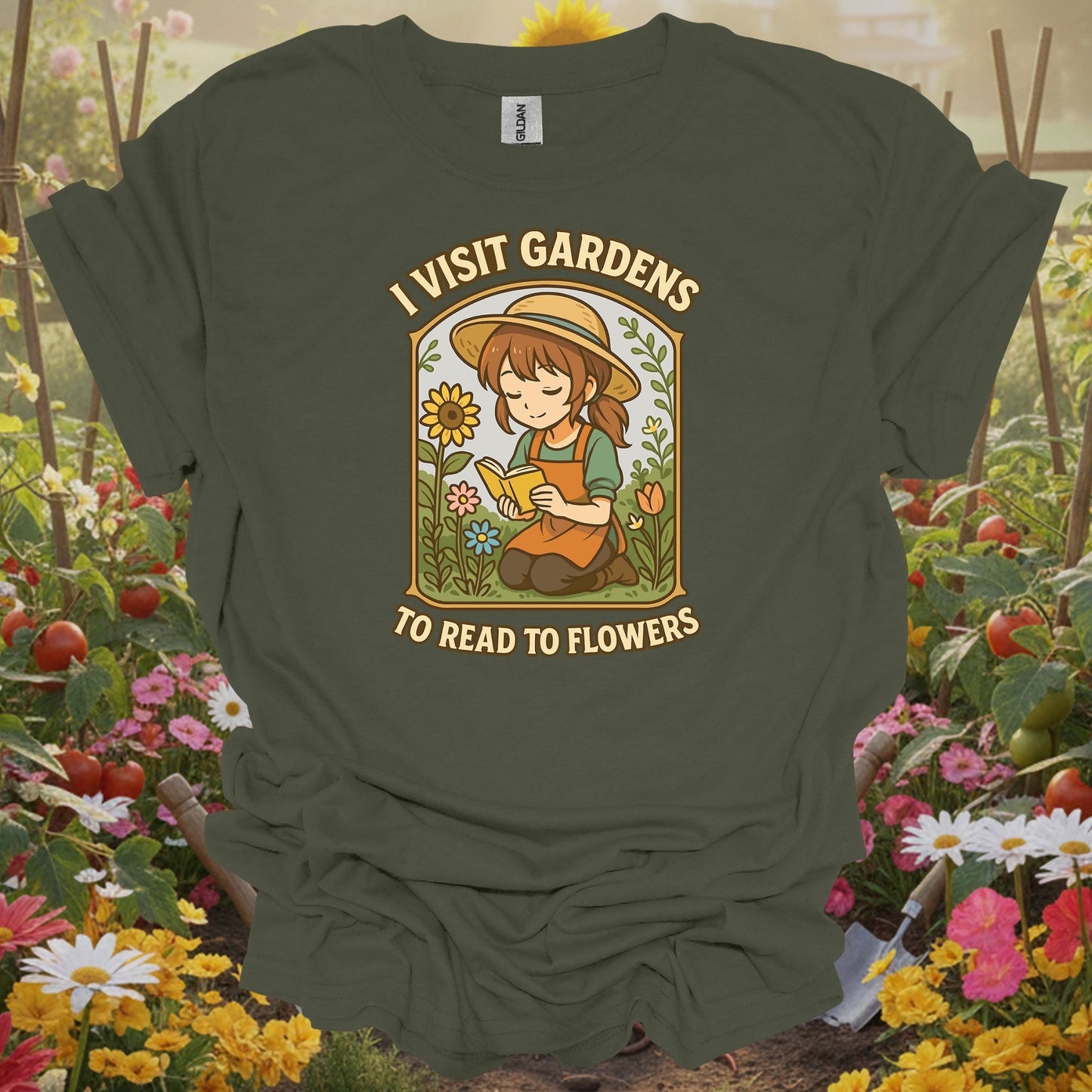 Military Green gardening shirt with lofi anime girl reading to flowers for book lovers, flower gardeners, lofi aesthetic fans