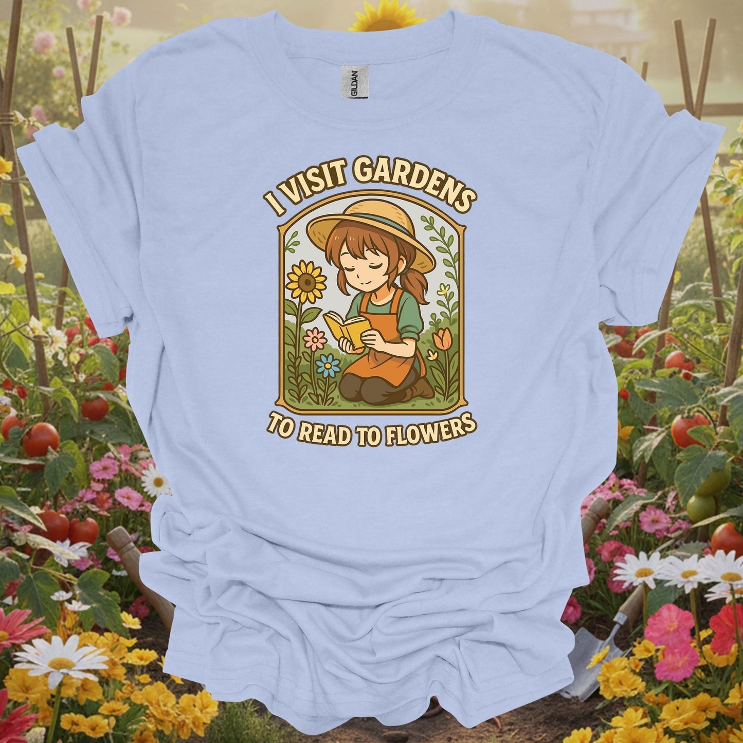 Light Blue gardening shirt with lofi anime girl reading to flowers for book lovers, flower gardeners, lofi aesthetic fans
