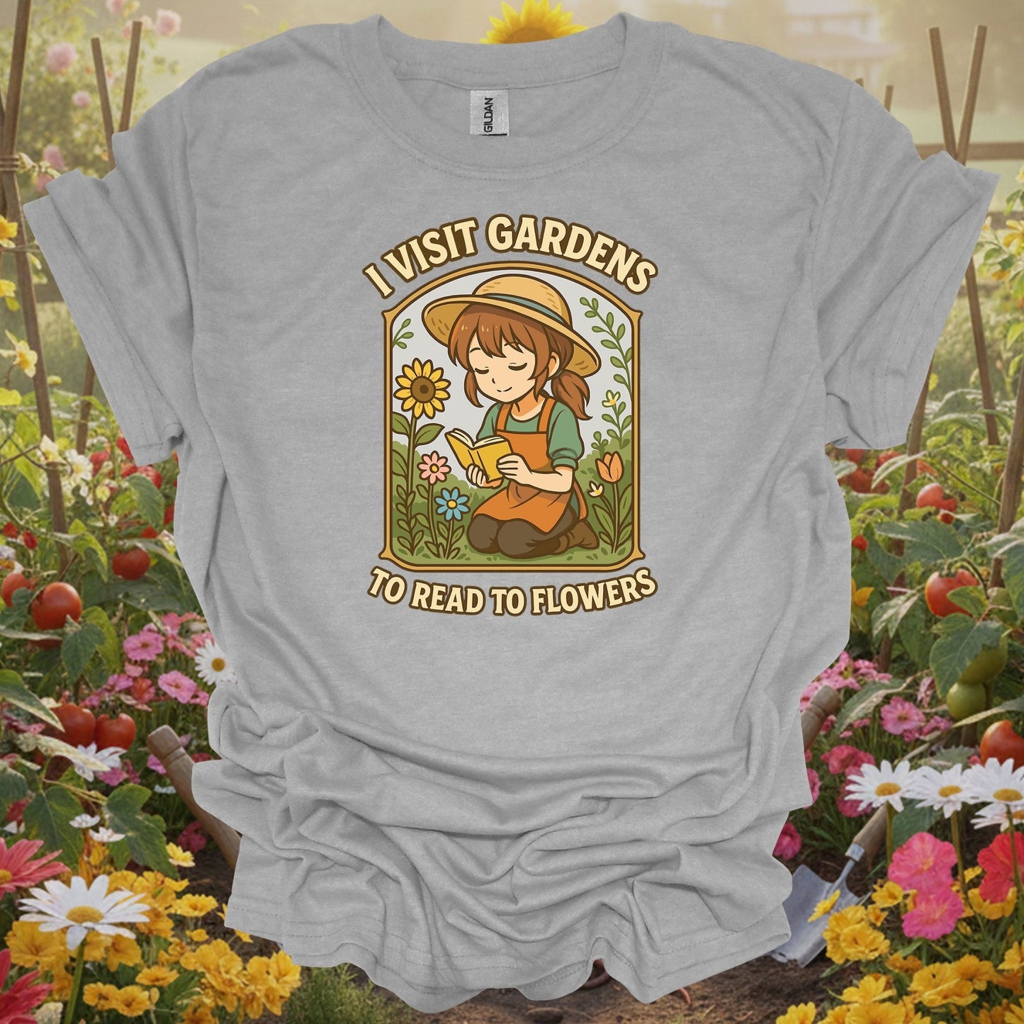 Sport Grey gardening shirt with lofi anime girl reading to flowers for book lovers, flower gardeners, lofi aesthetic fans
