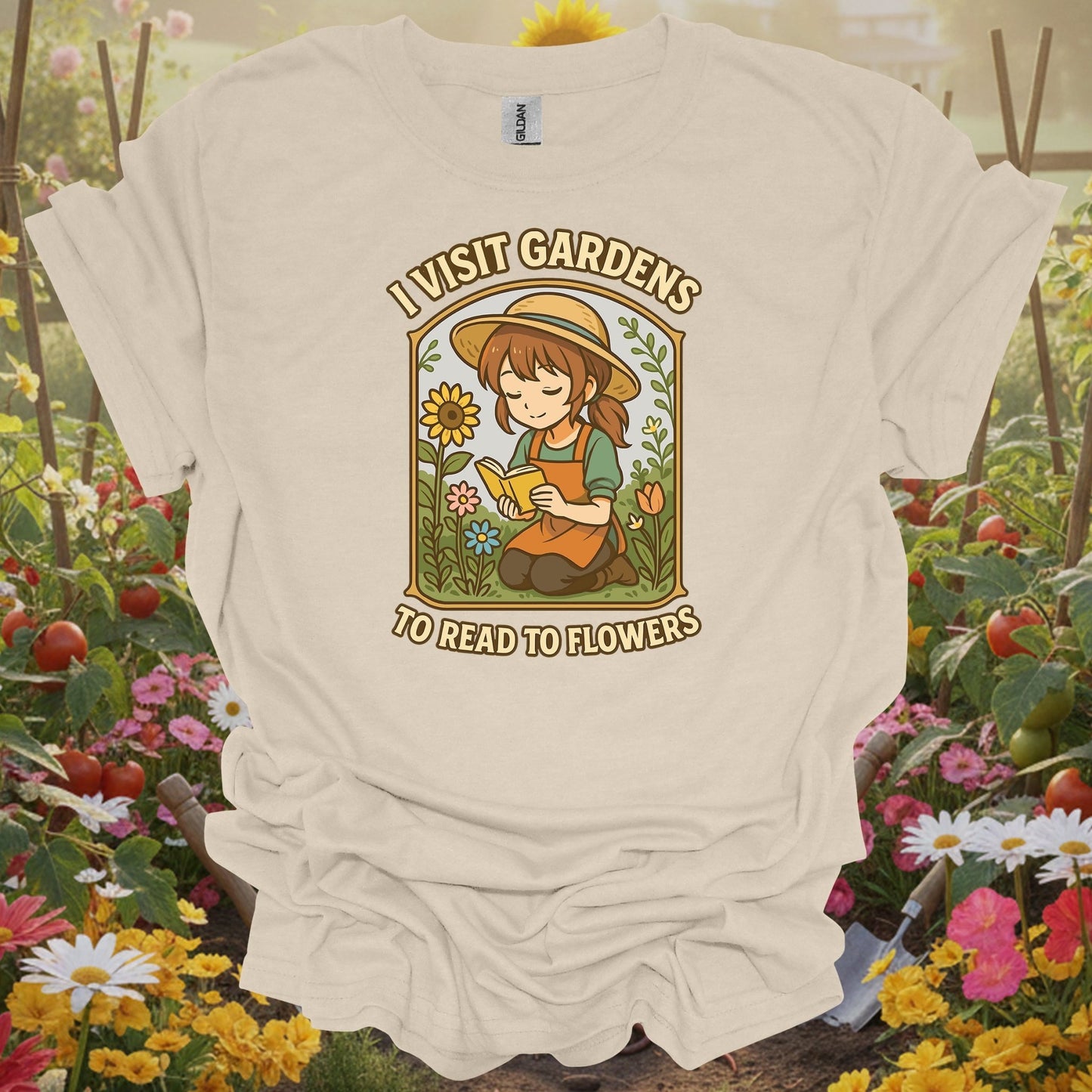 Natural gardening shirt with lofi anime girl reading to flowers for book lovers, flower gardeners, lofi aesthetic fans