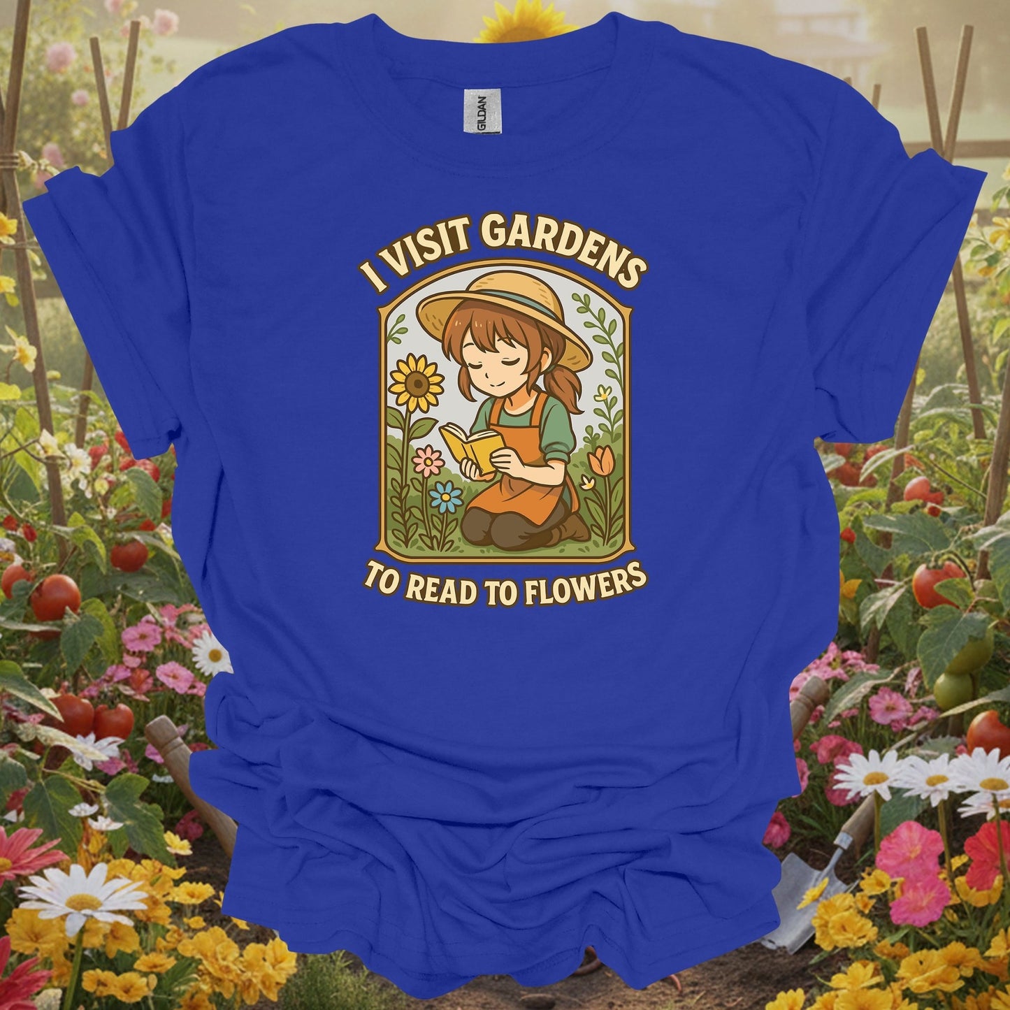 Royal gardening shirt with lofi anime girl reading to flowers for book lovers, flower gardeners, lofi aesthetic fans