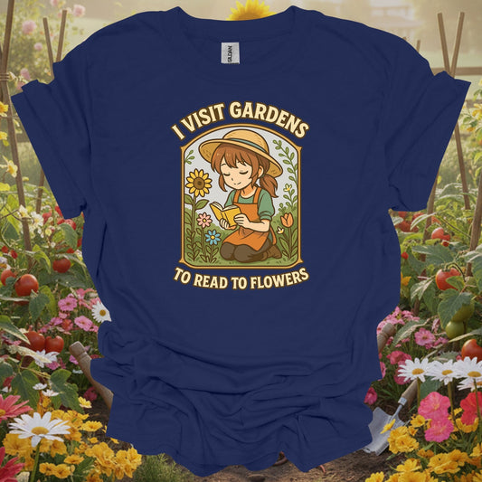 Navy gardening shirt with lofi anime girl reading to flowers for book lovers, flower gardeners, lofi aesthetic fans