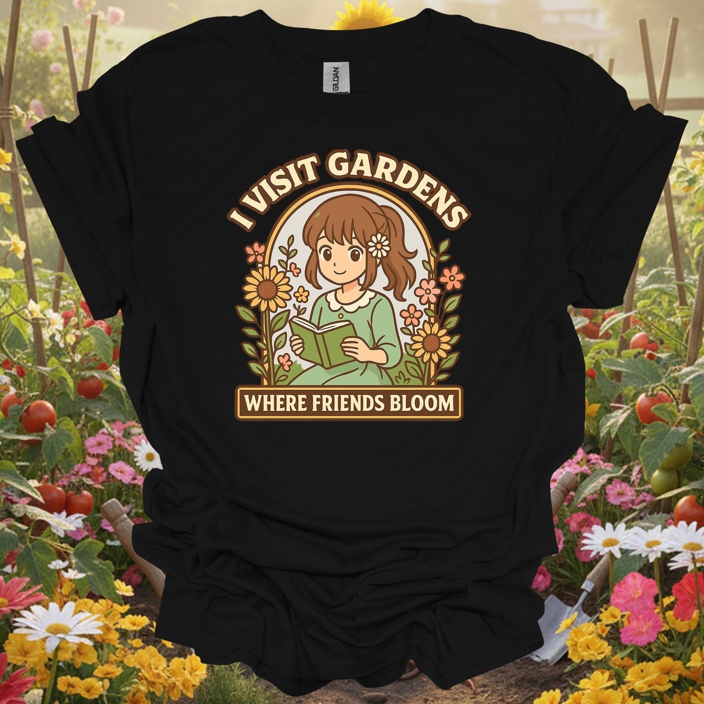 Black shirt showing anime girl reading to flowers with friends bloom text for people who make friends in gardens