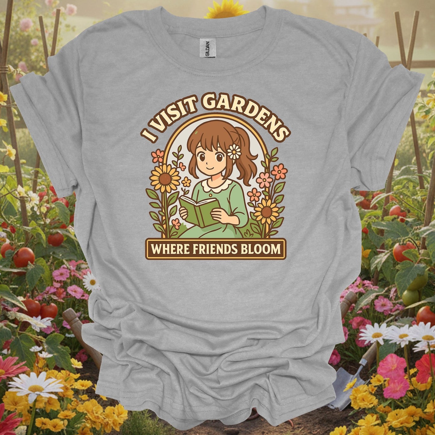 Sport Grey tee showing anime girl reading to flowers with friends bloom text for people who make friends in gardens