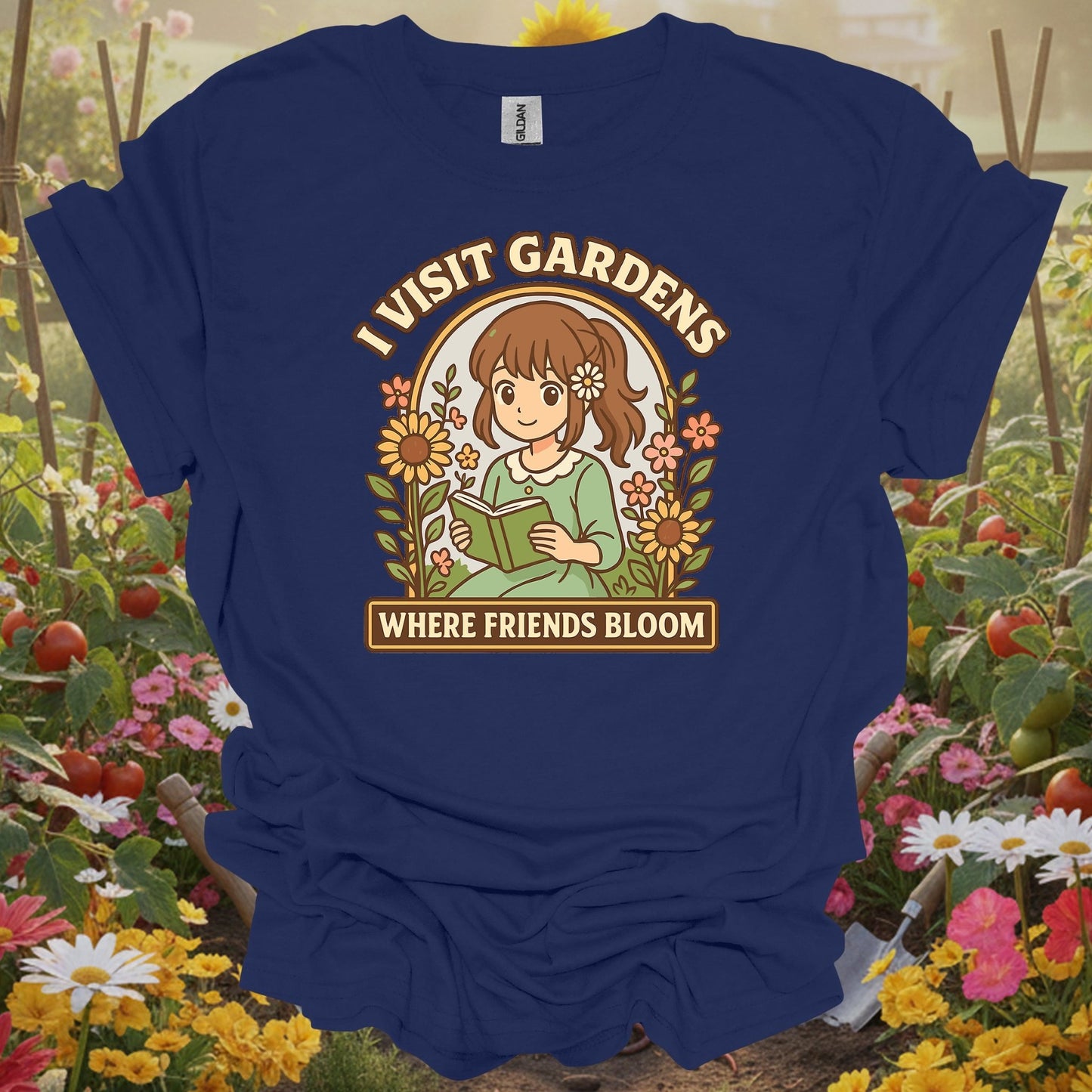 Navy top showing anime girl reading to flowers with friends bloom text for people who make friends in gardens
