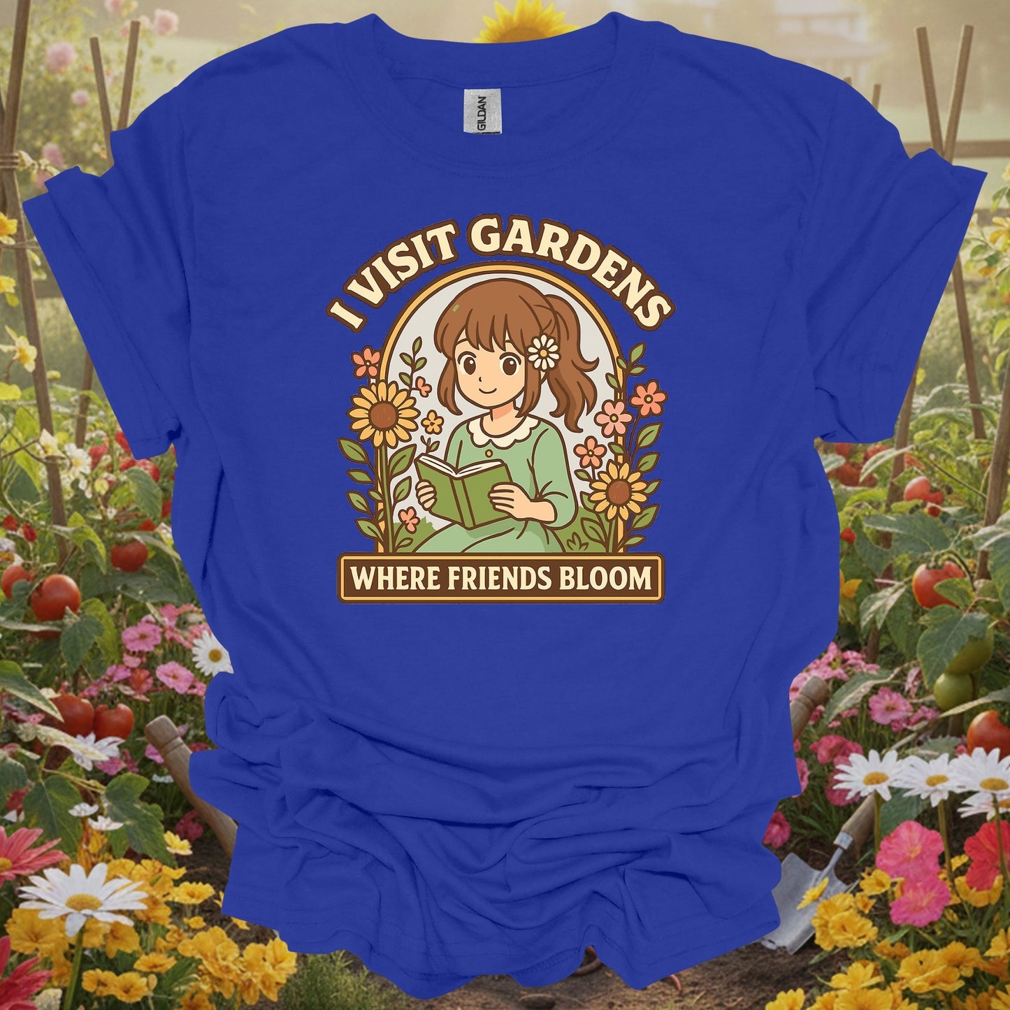 Royal tshirt showing anime girl reading to flowers with friends bloom text for people who make friends in gardens