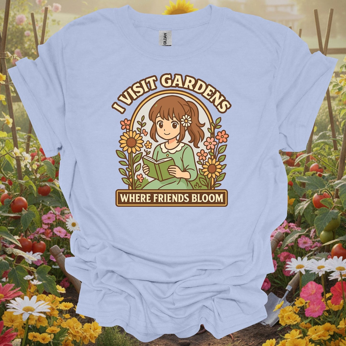 Light Blue shirt showing anime girl reading to flowers with friends bloom text for people who make friends in gardens