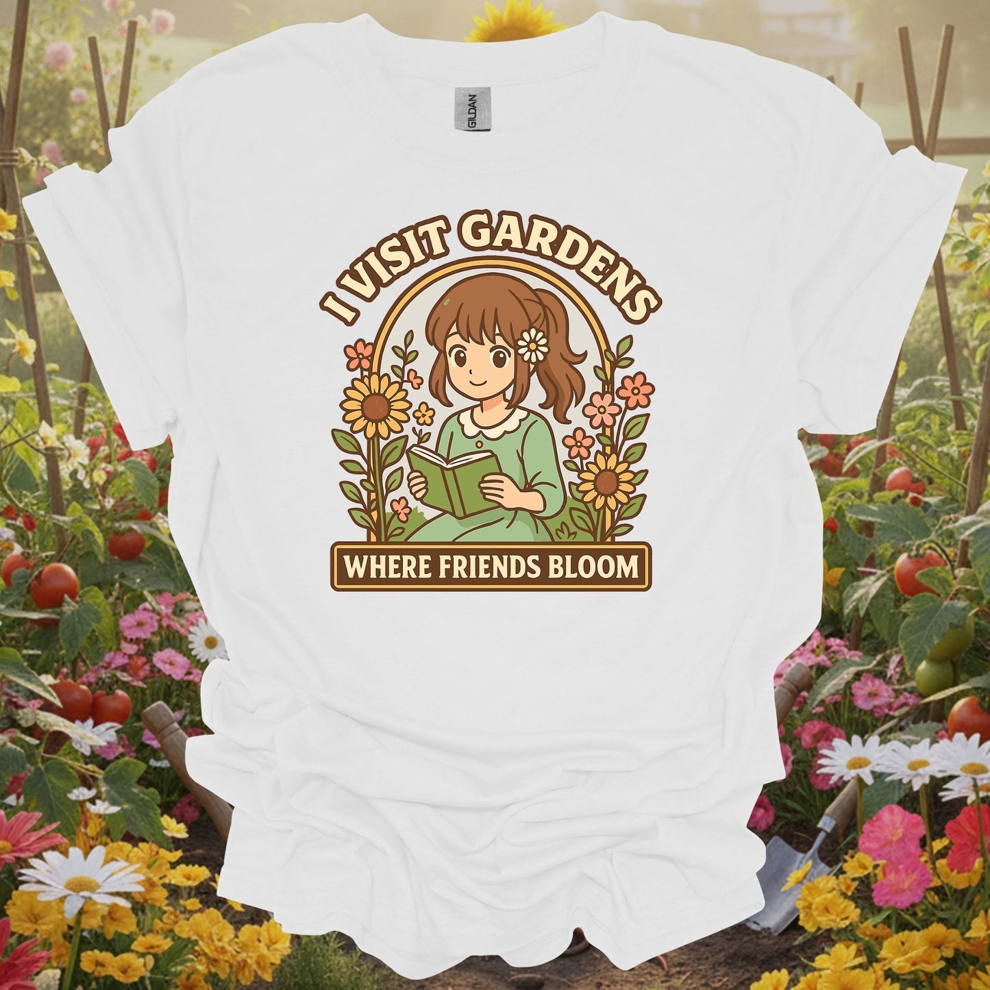 White tshirt showing anime girl reading to flowers with friends bloom text for people who make friends in gardens