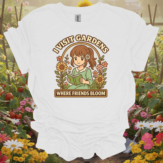 White tshirt showing anime girl reading to flowers with friends bloom text for people who make friends in gardens