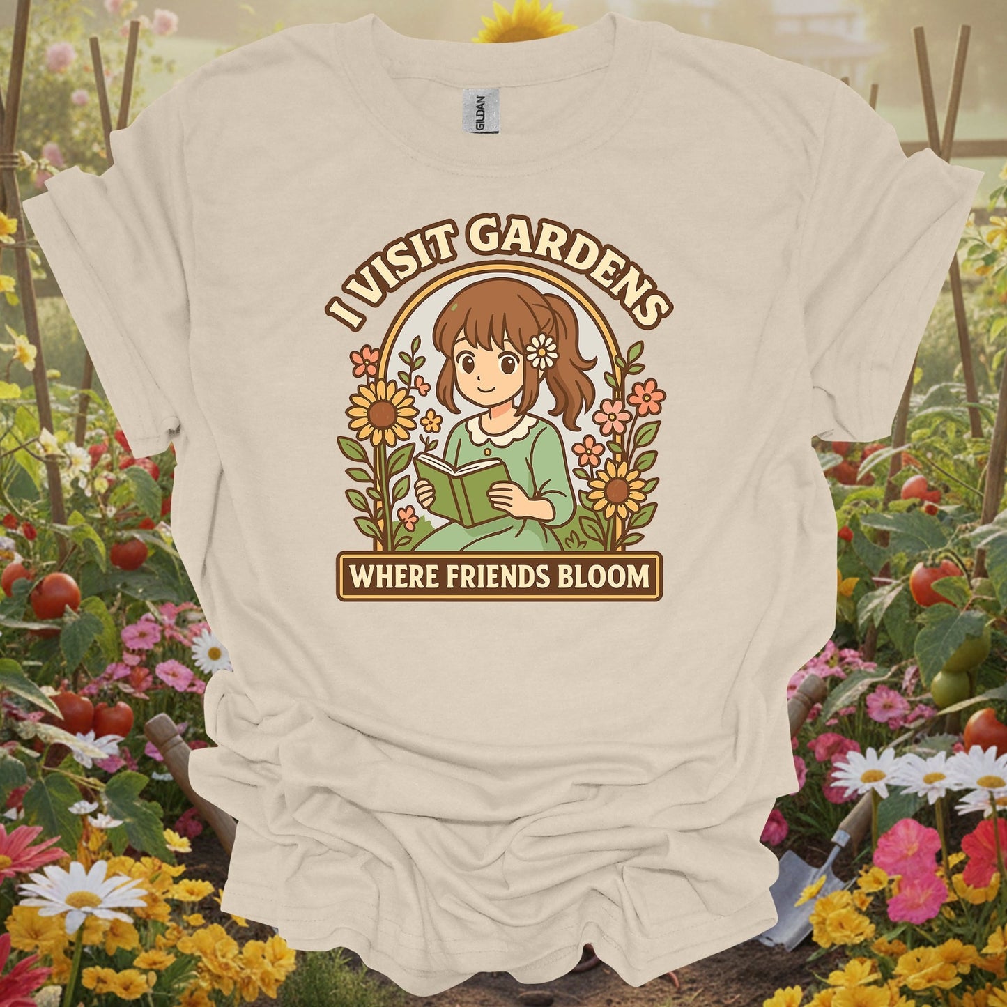 Natural tshirt showing anime girl reading to flowers with friends bloom text for people who make friends in gardens