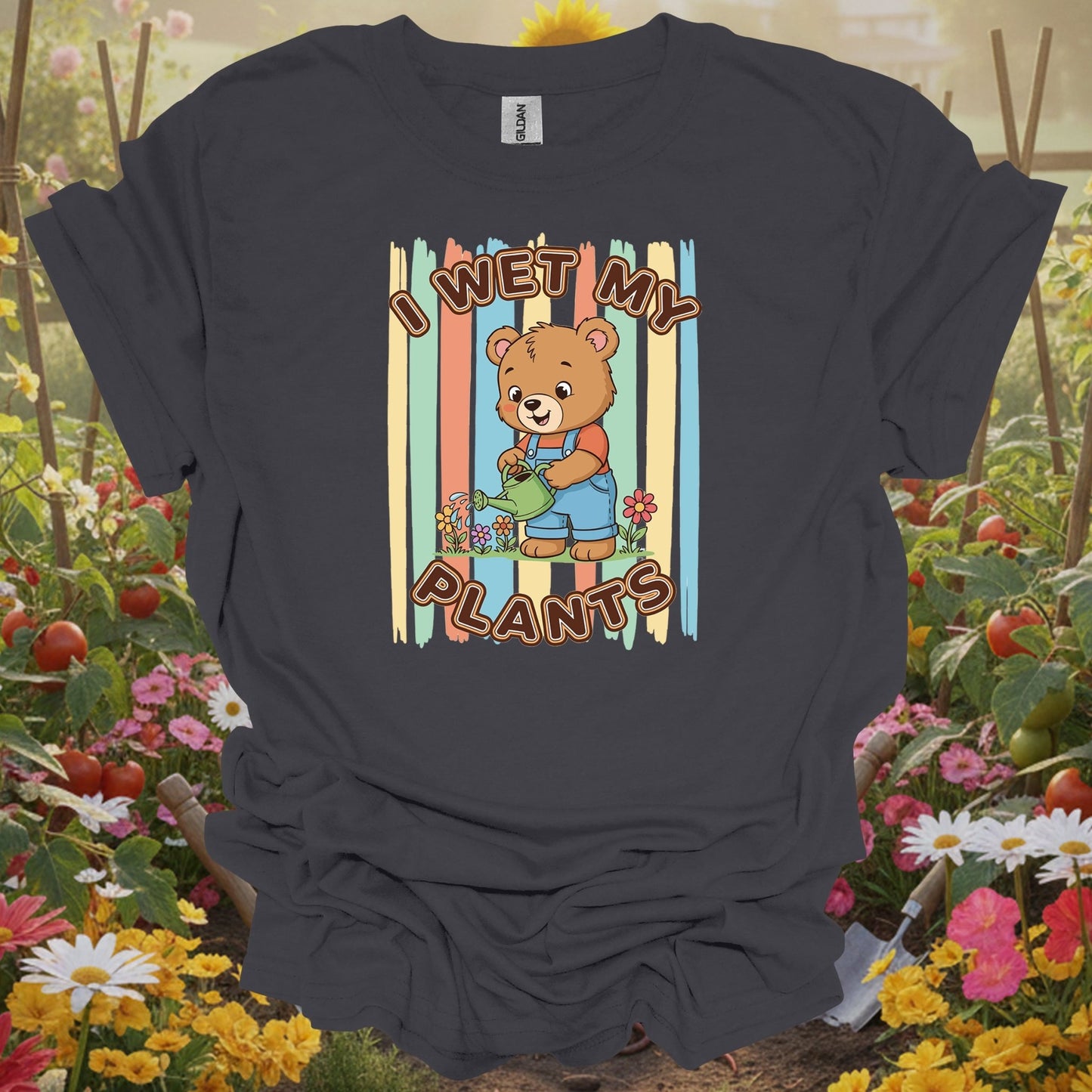 Charcoal tshirt showing i wet my plants cute bear gardener for gardening enthusiasts