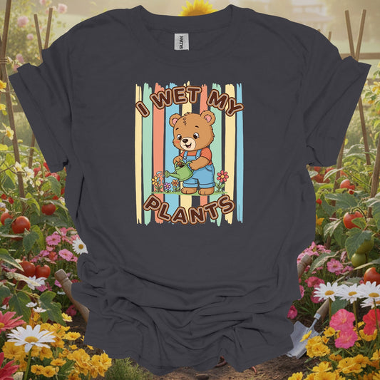 Charcoal tshirt showing i wet my plants cute bear gardener for gardening enthusiasts