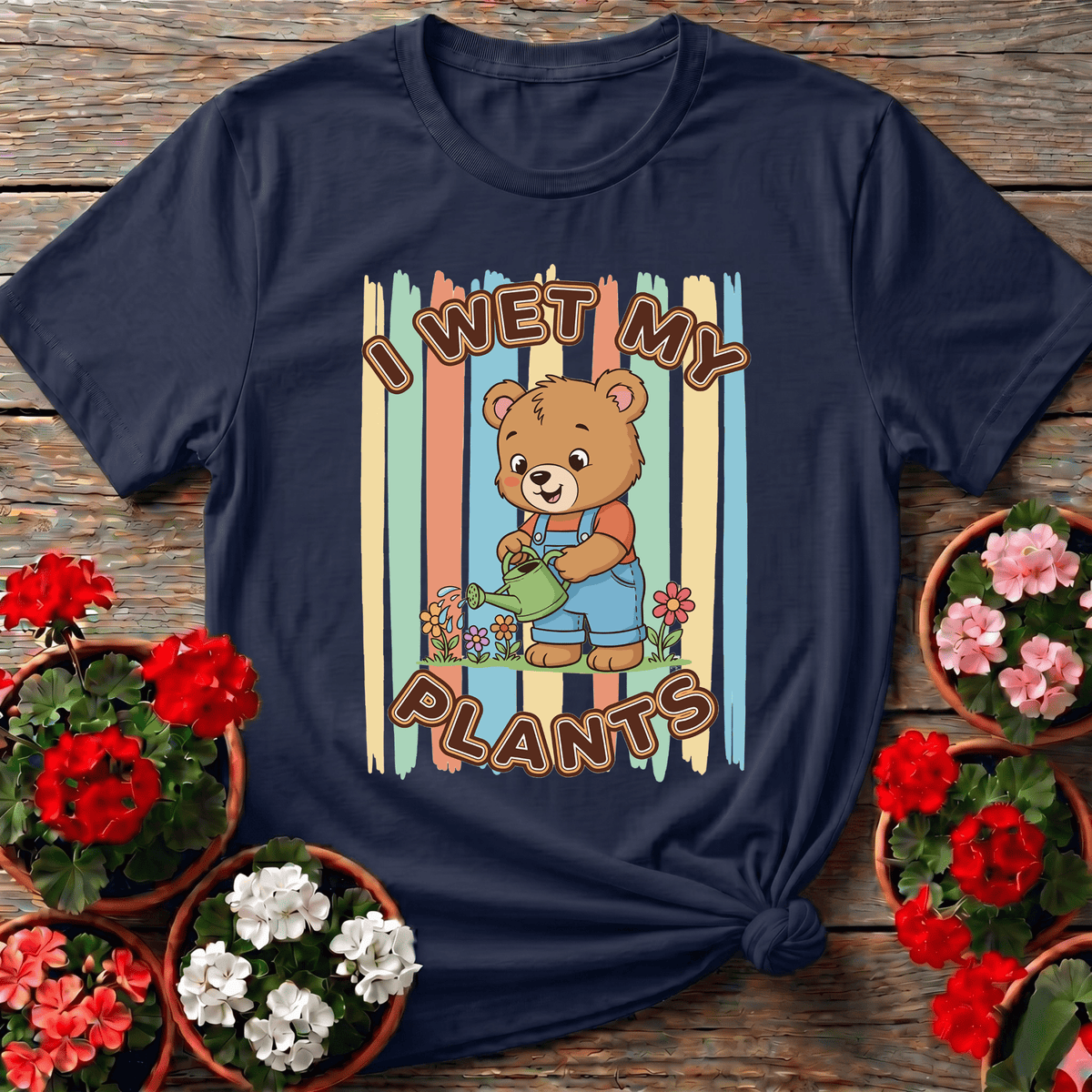 Navy vintage storybook-style t-shirt with "I Wet My Plants" bear gardener graphic for casual plant parents