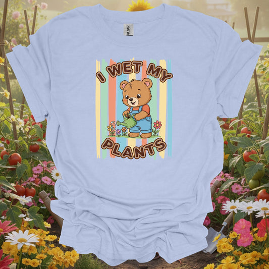 Light Blue tee showing i wet my plants cute bear gardener for plant lovers