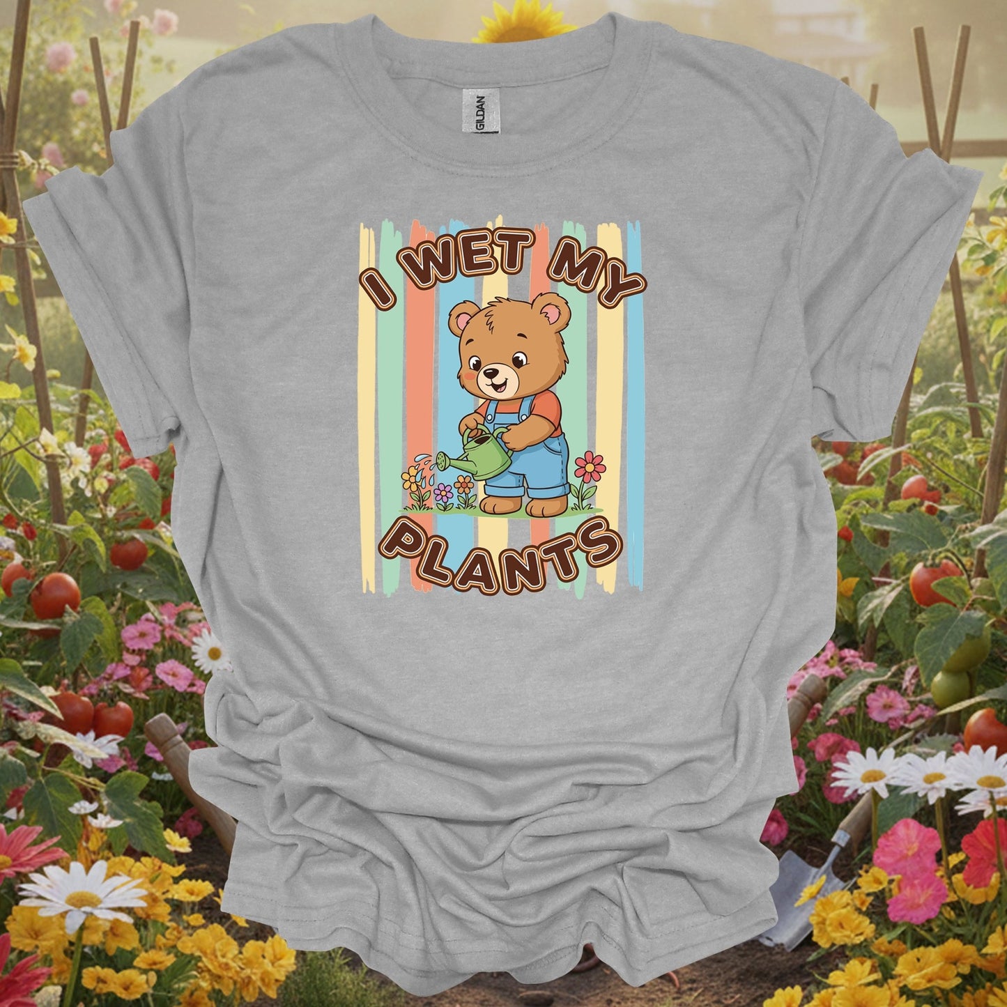 Sport Grey tshirt showing i wet my plants cute bear gardener for backyard growers