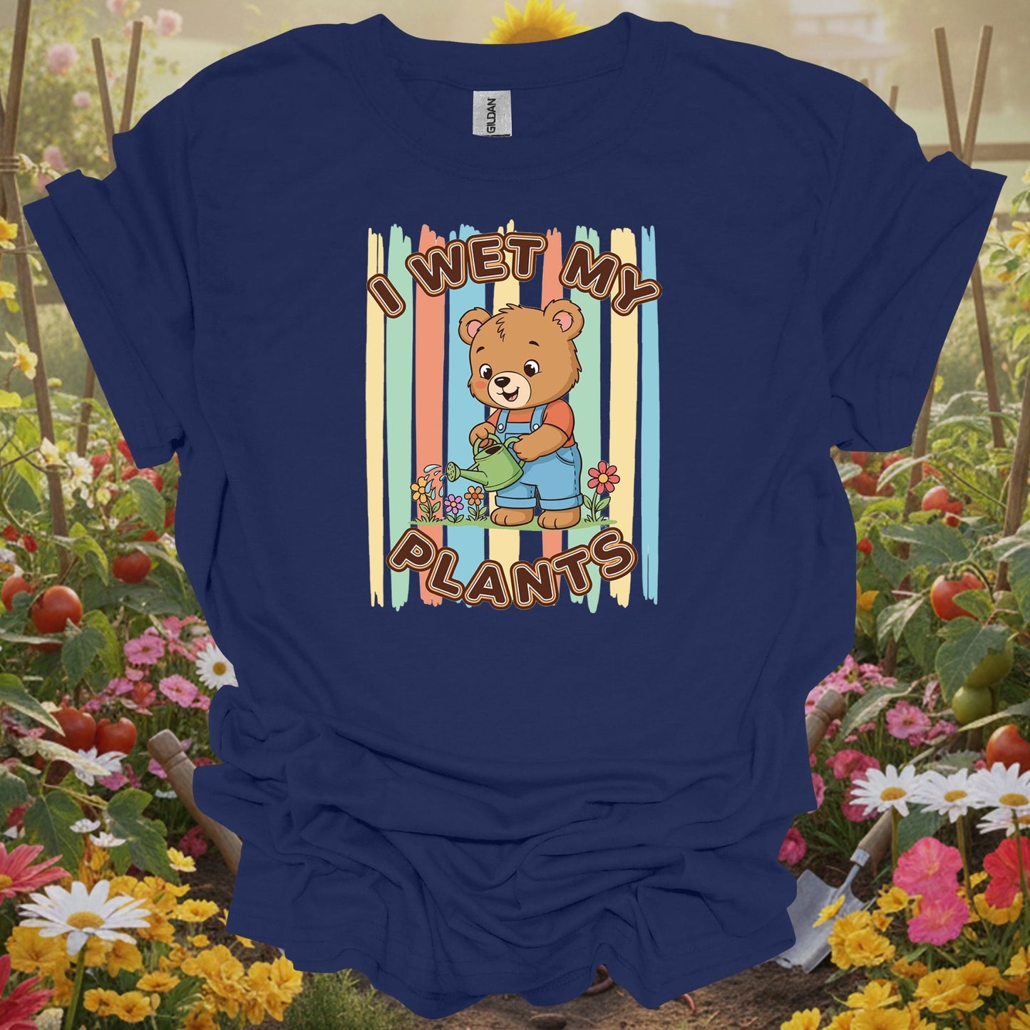 Navy shirt showing i wet my plants cute bear gardener for home gardeners