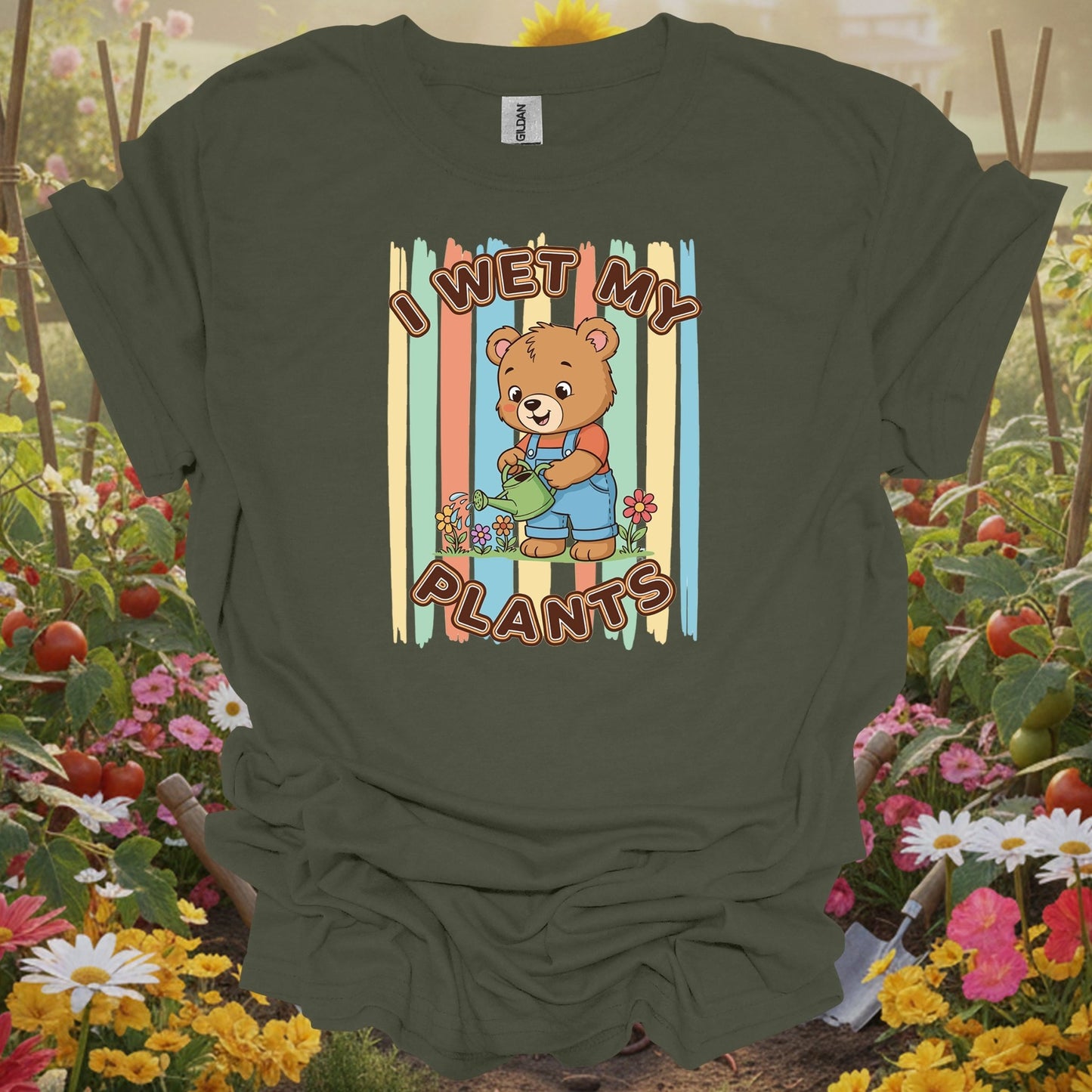 Military Green top showing i wet my plants cute bear gardener for nature lovers