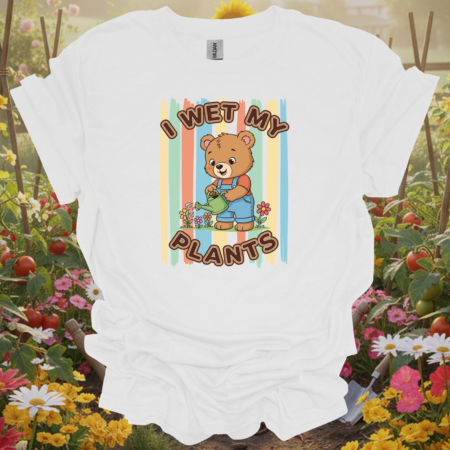 White tee showing i wet my plants cute bear gardener for garden hobbyists