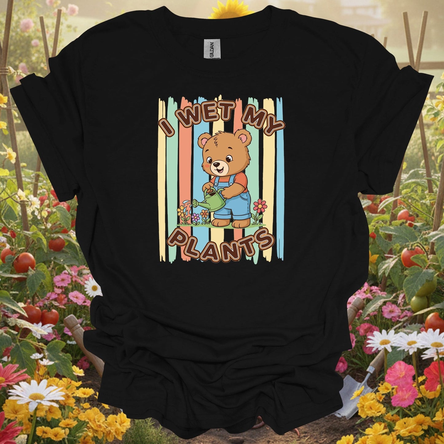 Black shirt showing i wet my plants cute bear gardener for outdoor enthusiasts