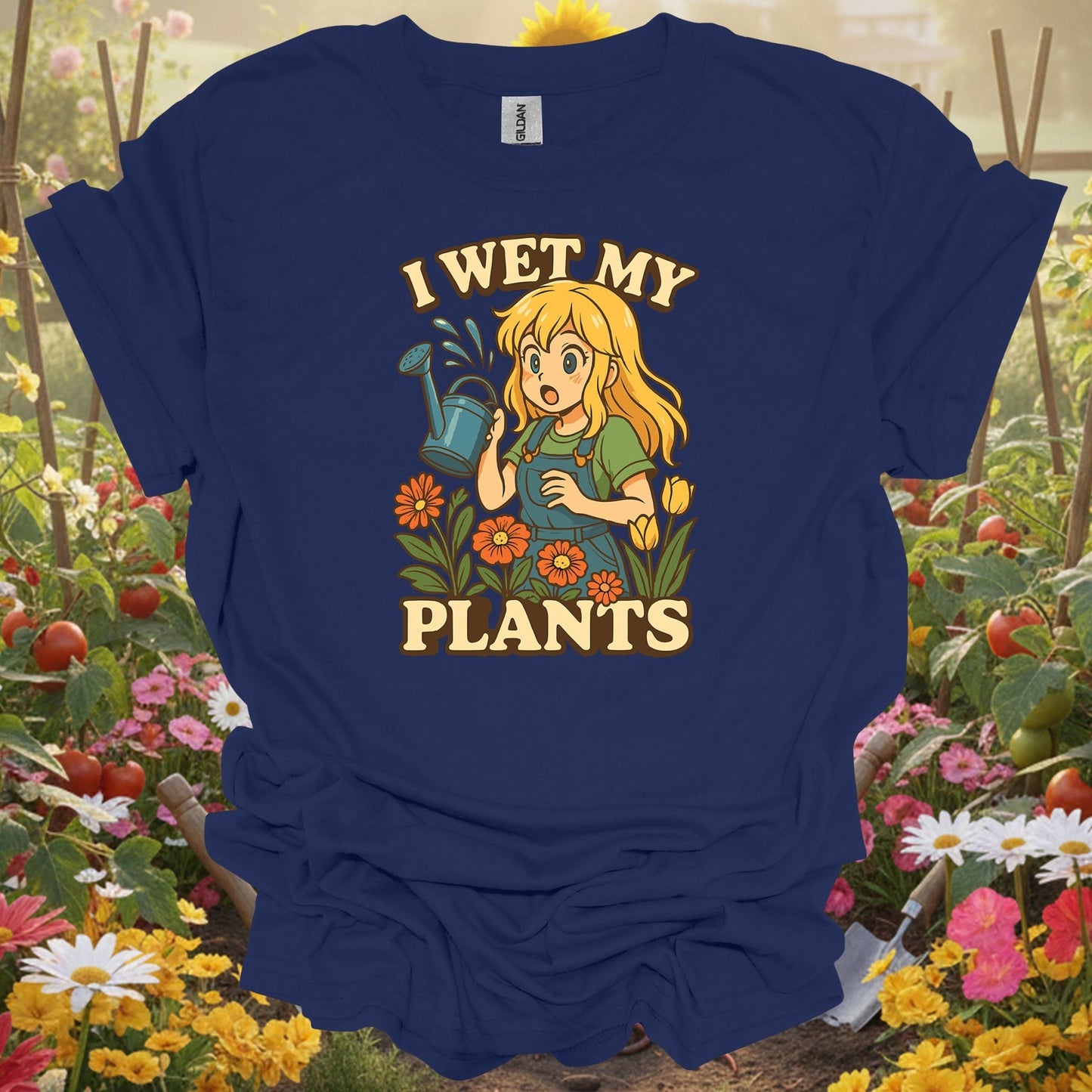 Navy top showing i wet my plants funny anime gardener for green thumb folks