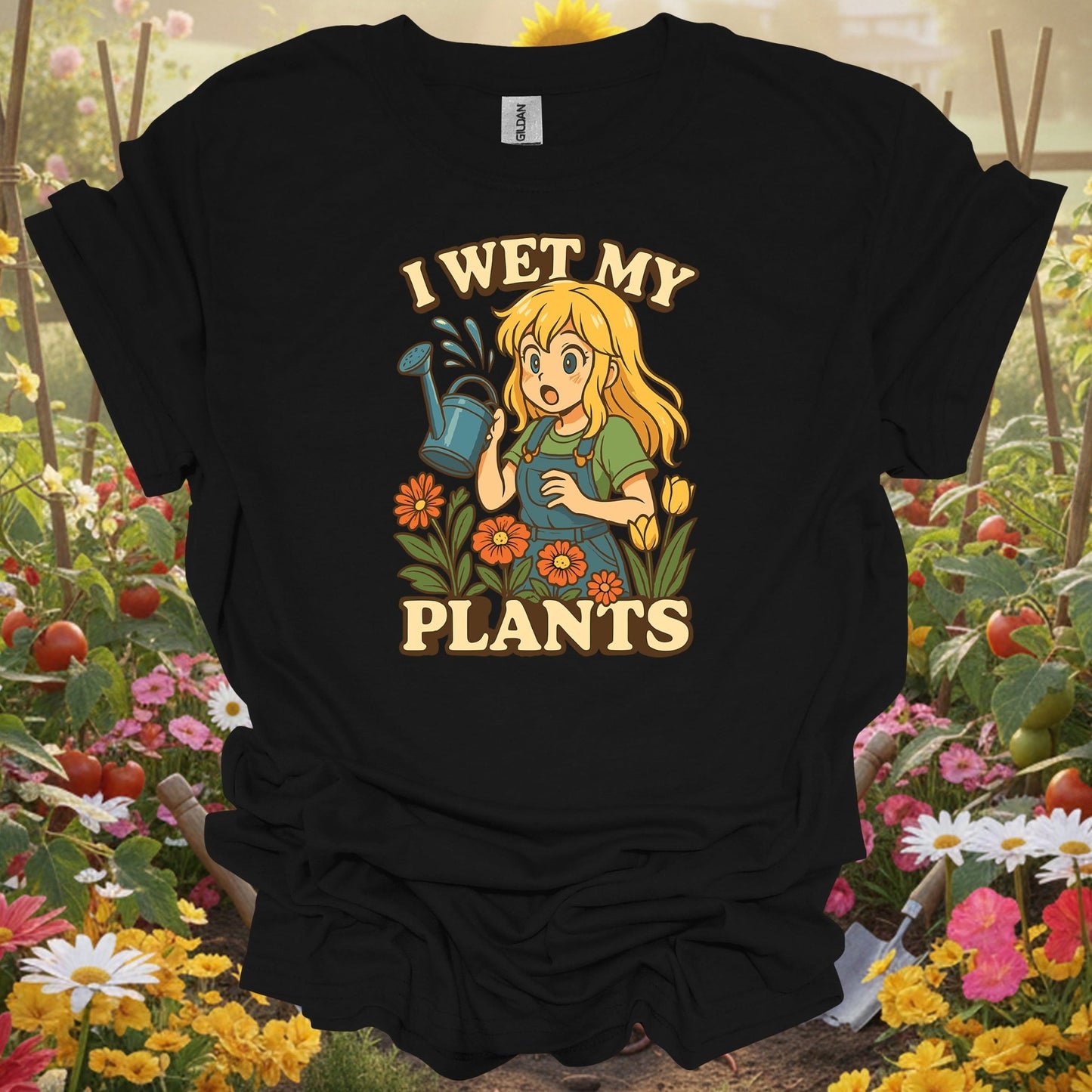 Black tshirt showing i wet my plants funny anime gardener for gardening enthusiasts