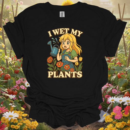 Black tshirt showing i wet my plants funny anime gardener for gardening enthusiasts
