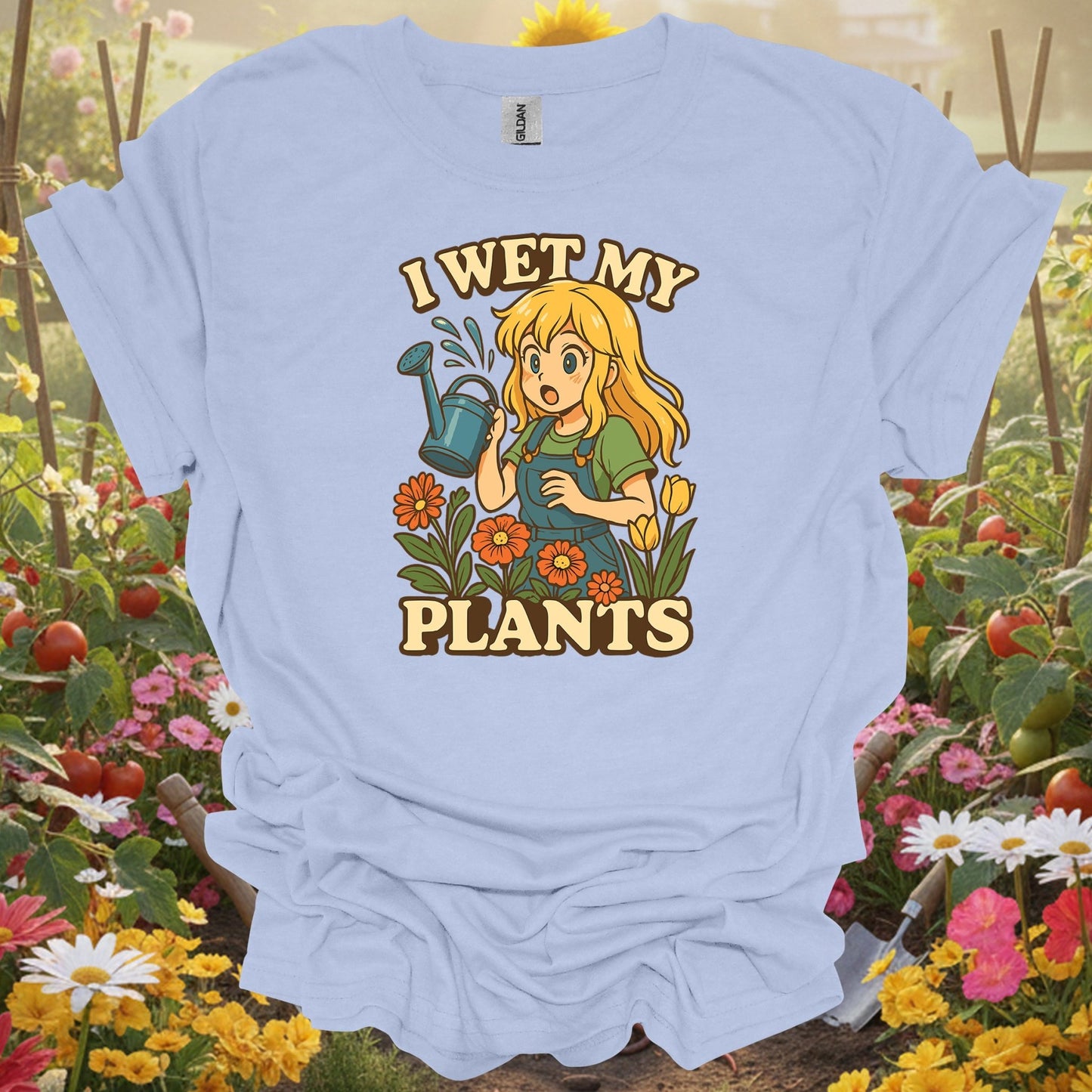 Light Blue shirt showing i wet my plants funny anime gardener for home gardeners