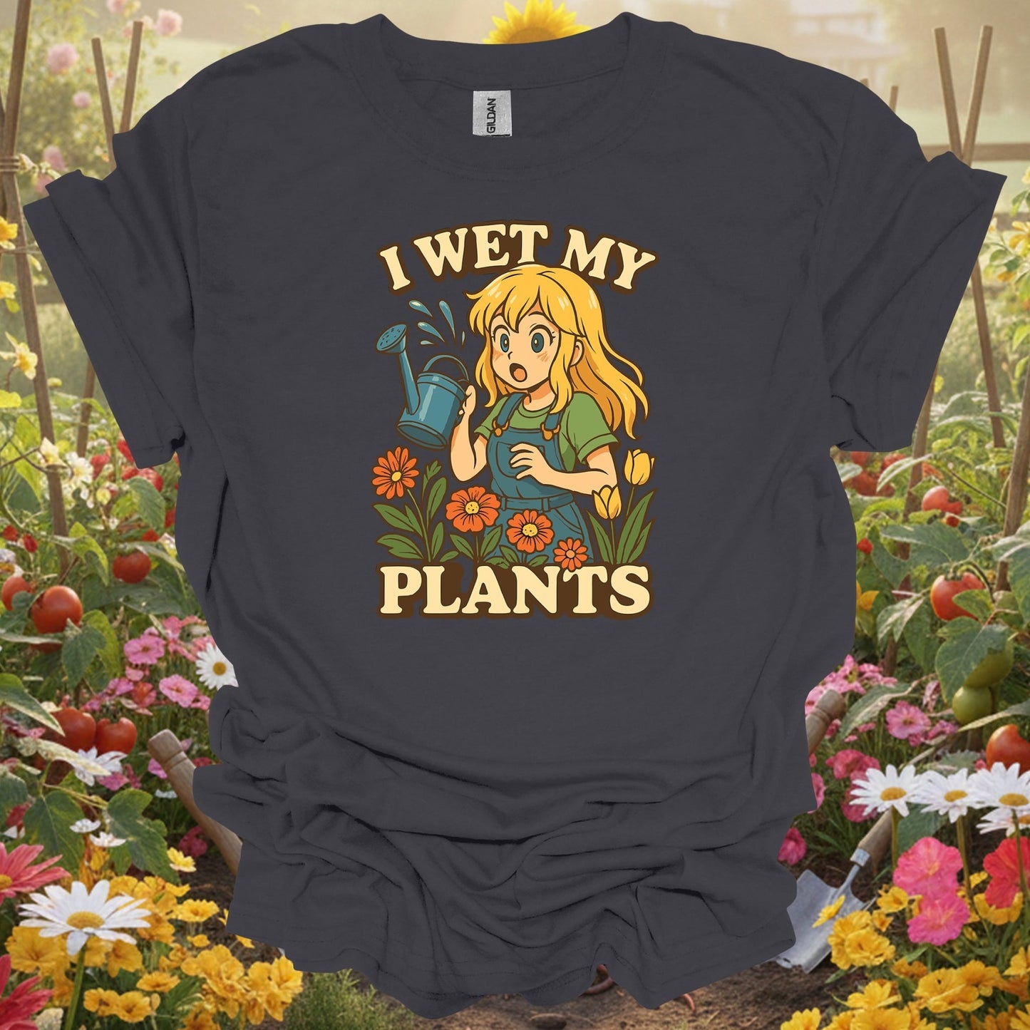 Charcoal tee showing i wet my plants funny anime gardener for plant lovers