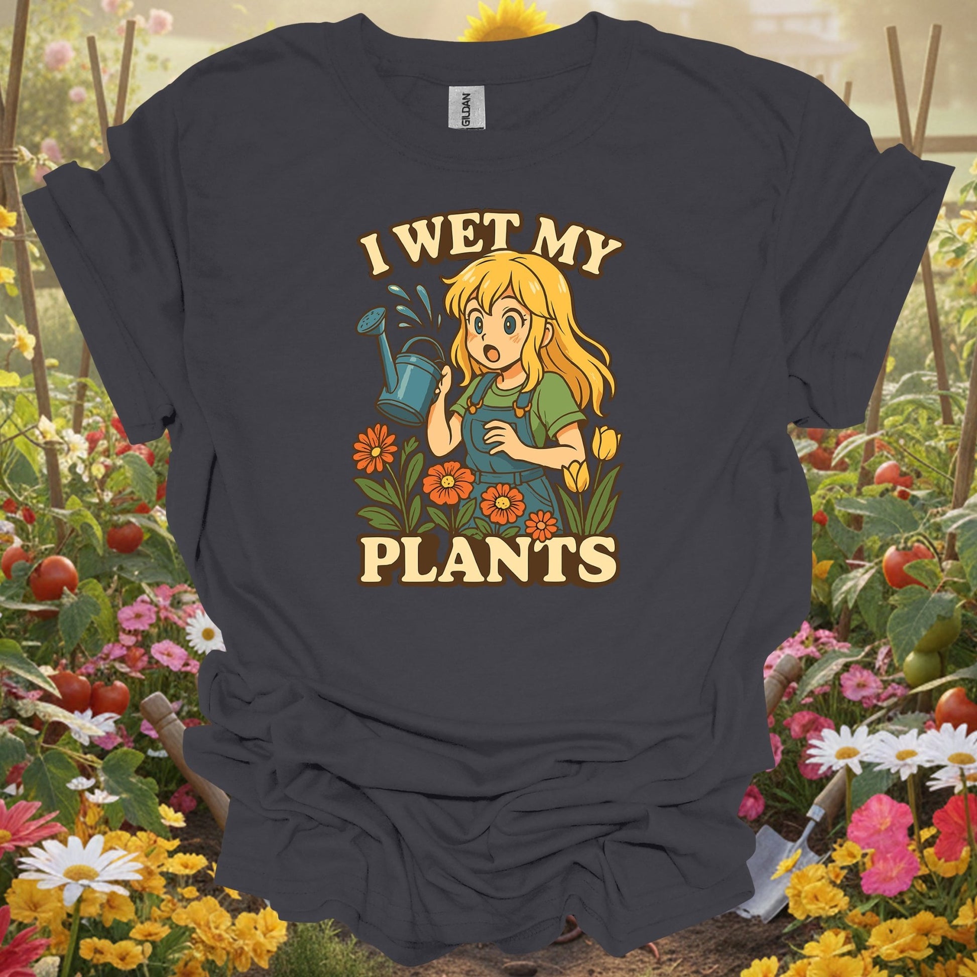 Charcoal tee showing i wet my plants funny anime gardener for plant lovers