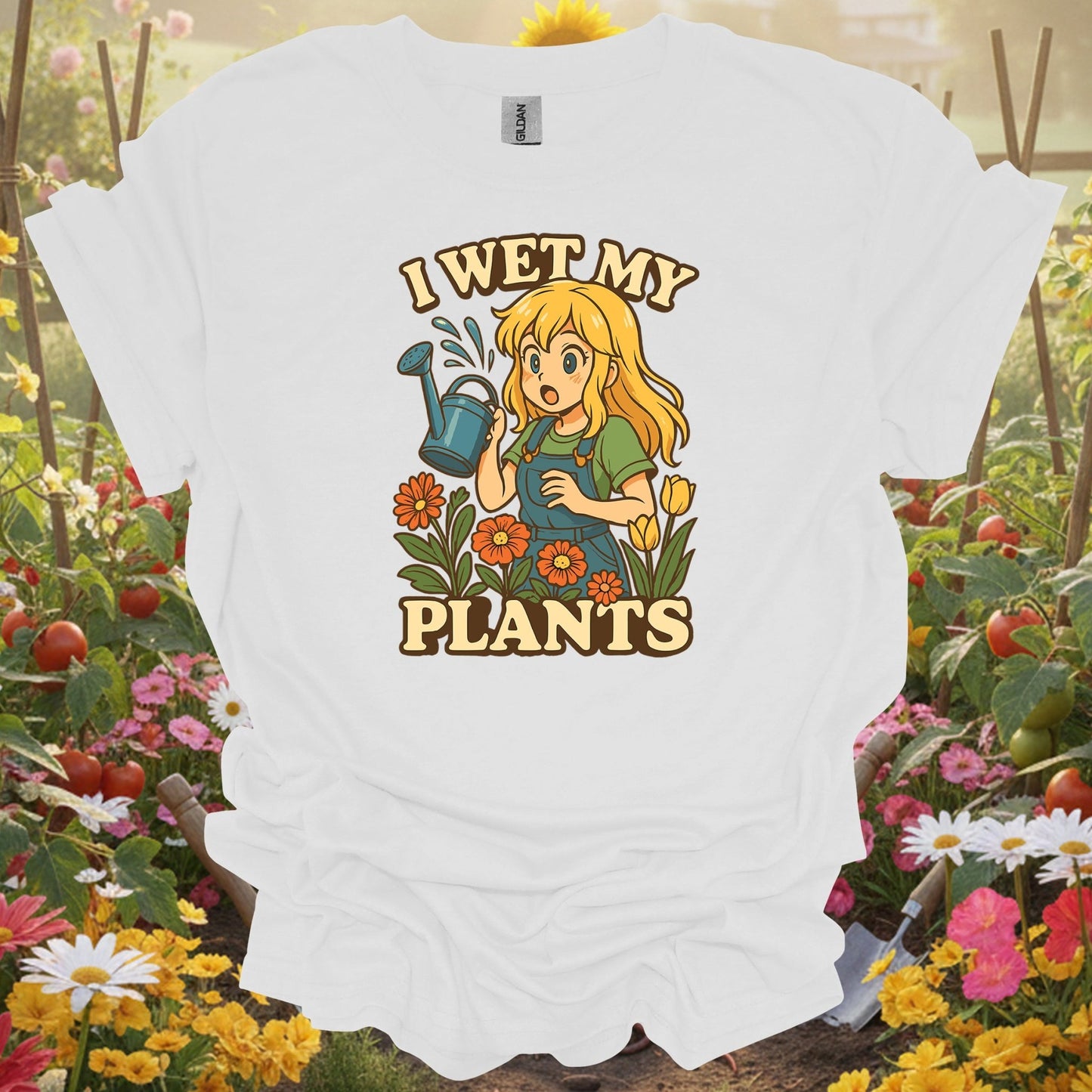 White shirt showing i wet my plants funny anime gardener for outdoor enthusiasts