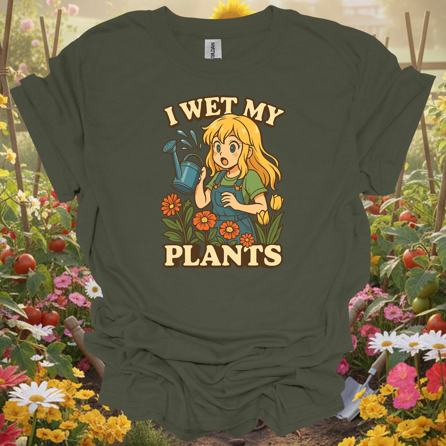 Military Green top showing i wet my plants funny anime gardener for nature lovers
