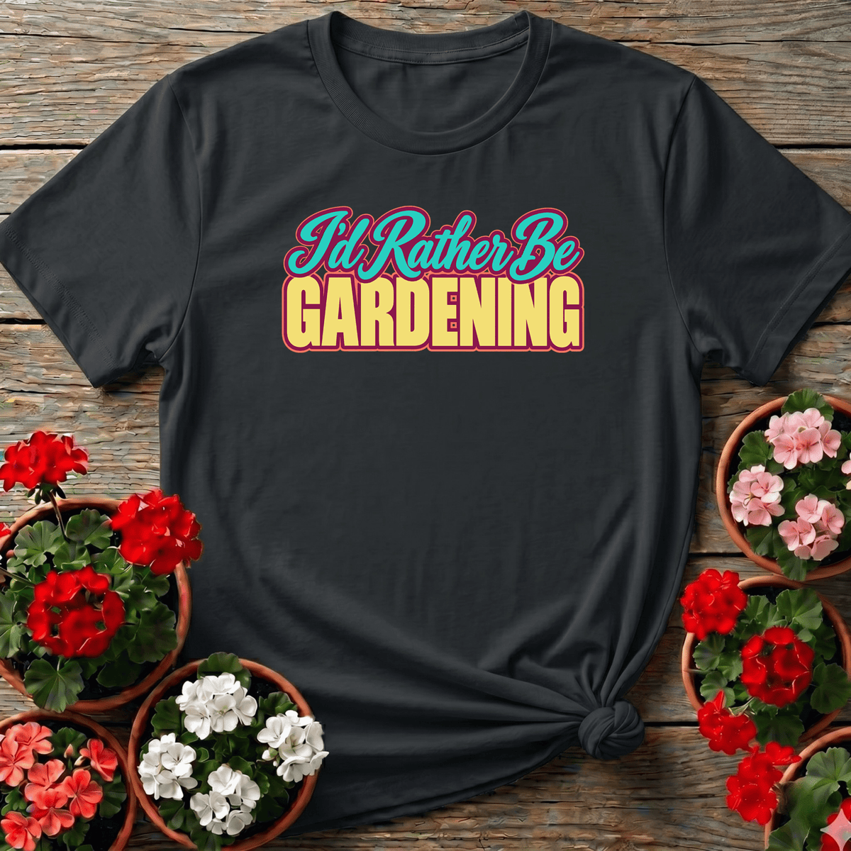 Black retro bold typography gardening tee with "I'd Rather Be Gardening" for garden lovers
