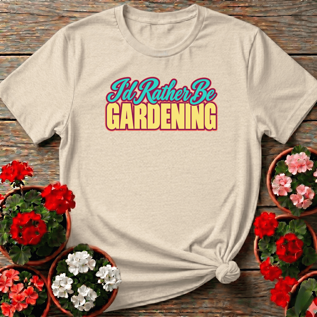 Natural cottagecore retro typography gardening shirt with "I'd Rather Be Gardening" for plant lovers