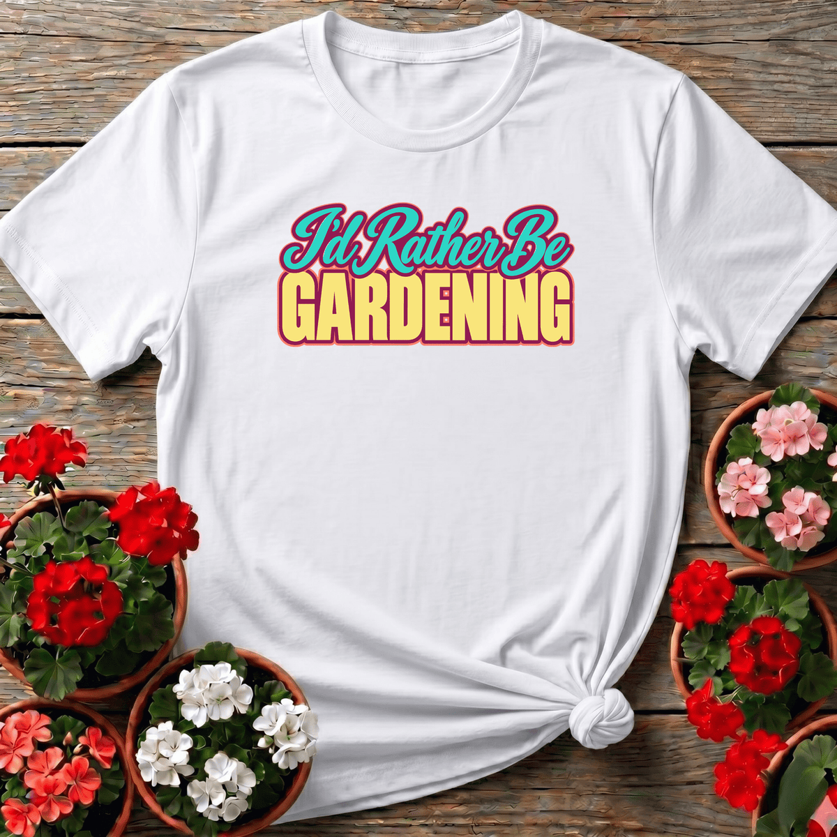White vintage retro-pop gardening shirt with "I'd Rather Be Gardening" for plant enthusiasts