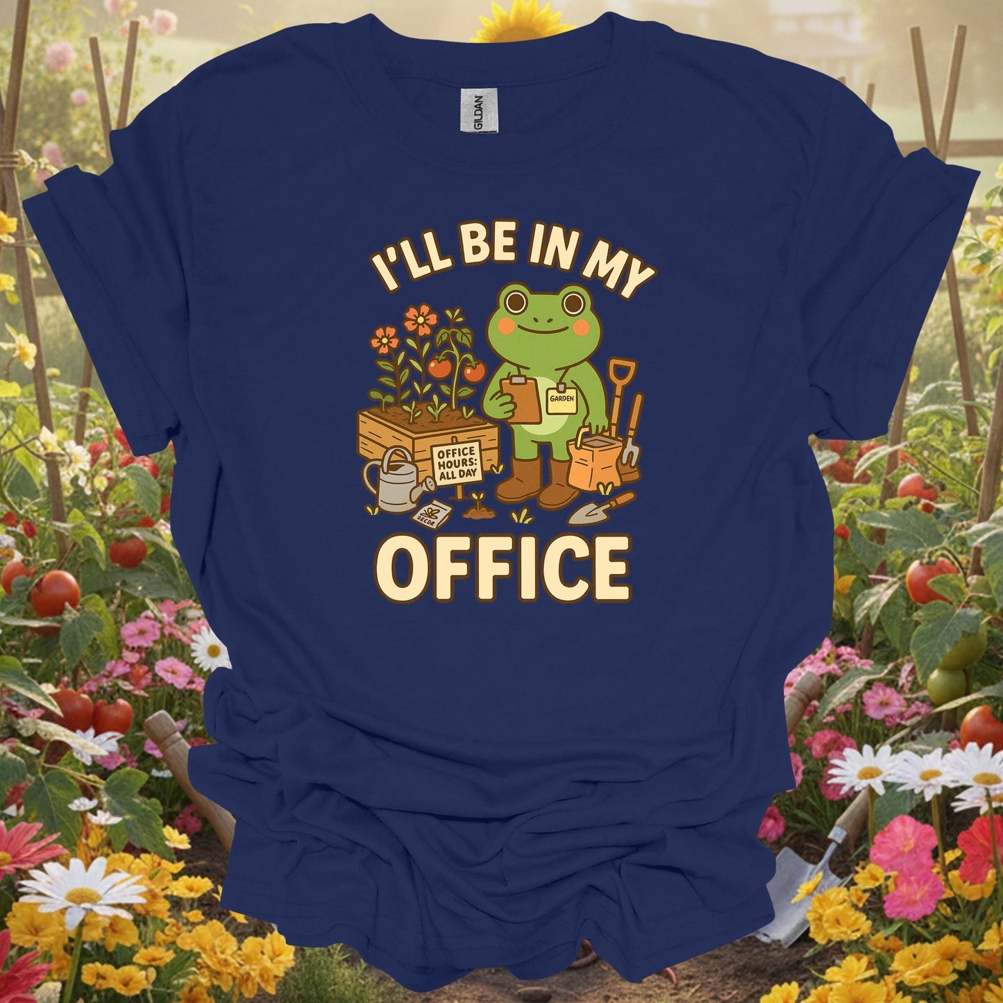 Navy top showing i'll be in my office frog gardener for green thumb folks